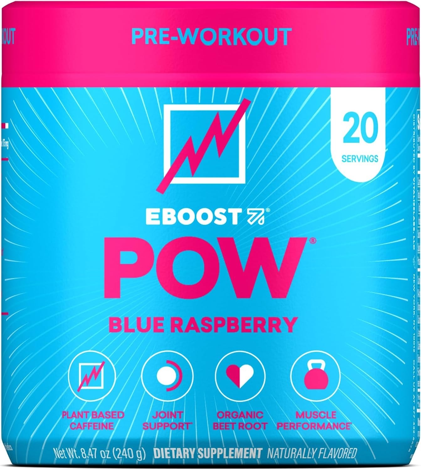 EBOOST POW Natural Pre Workout Powder – 20 Servings – Blue Raspberry