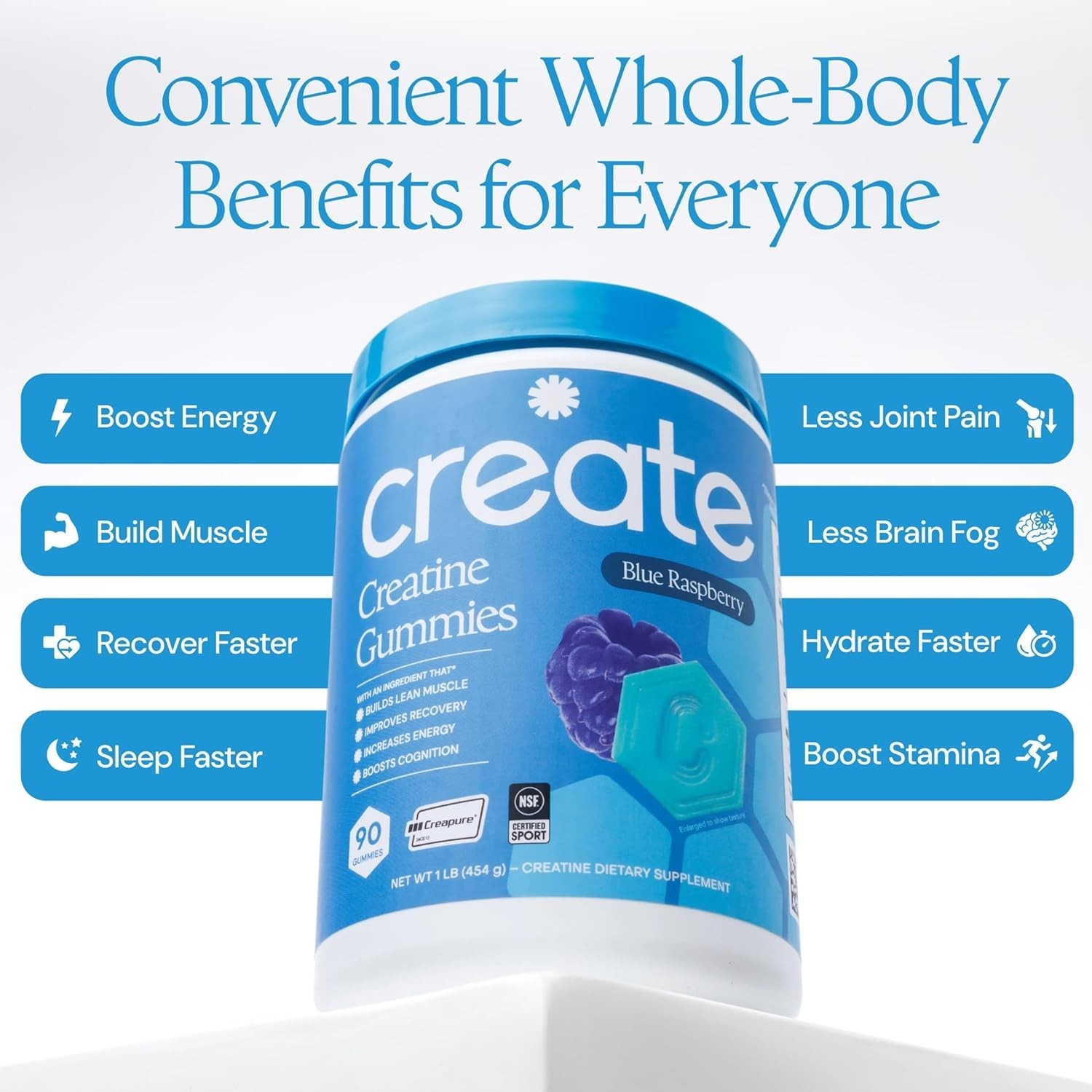Create Creatine Gummies 1.5g Focus Strength Endurance Vegan Blue Raspberry 90ct