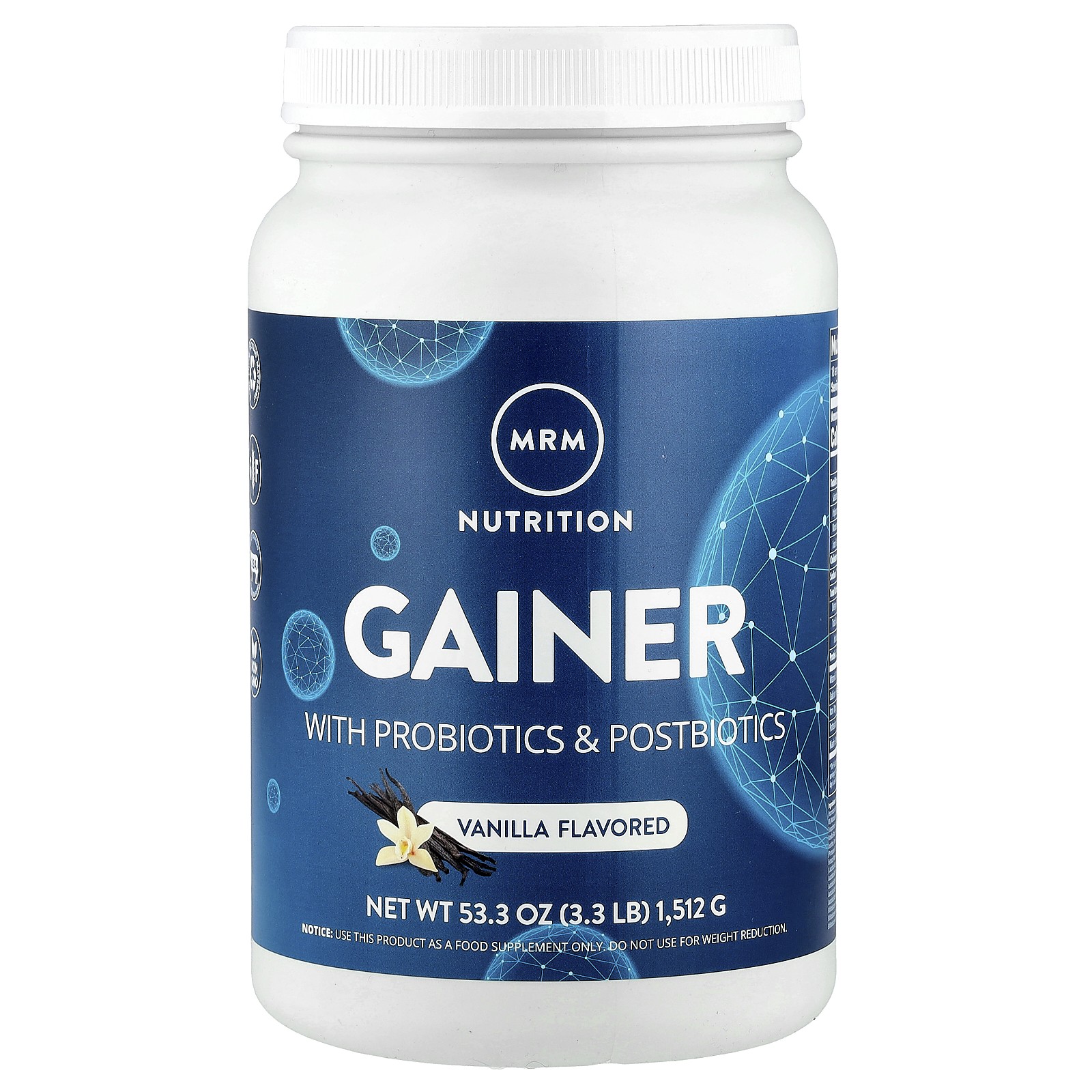 MRM Gainer With Probiotics Rich Vanilla 3 3 lbs 1512 g All-Natural, Gluten-Free,