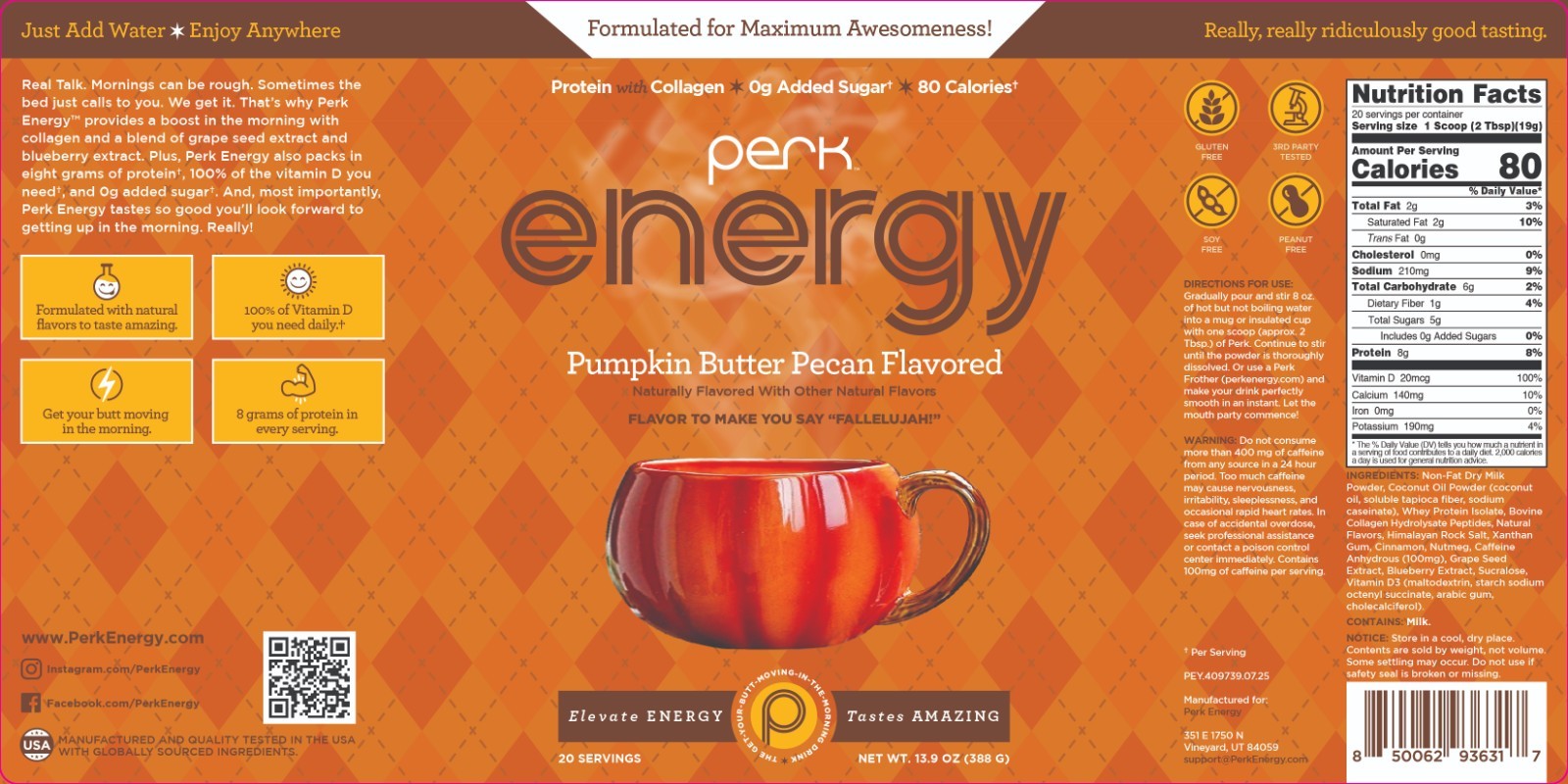 Perk Energy Original Pumpkin Butter Pecan Flavored, 20 Servings – 0g Added Sugar