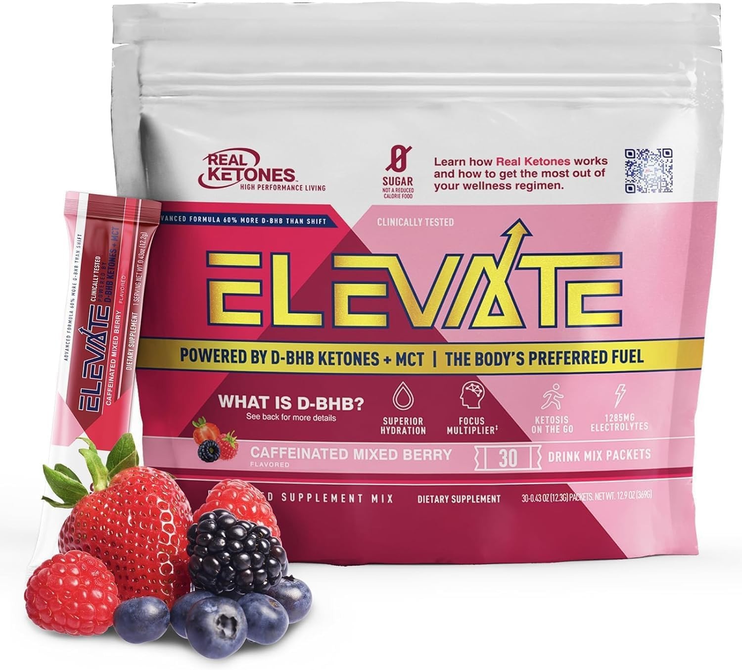 Real Ketones MCT+BHB Drink Mix Electrolytes No Sugar Mixed Berry 30 Pack