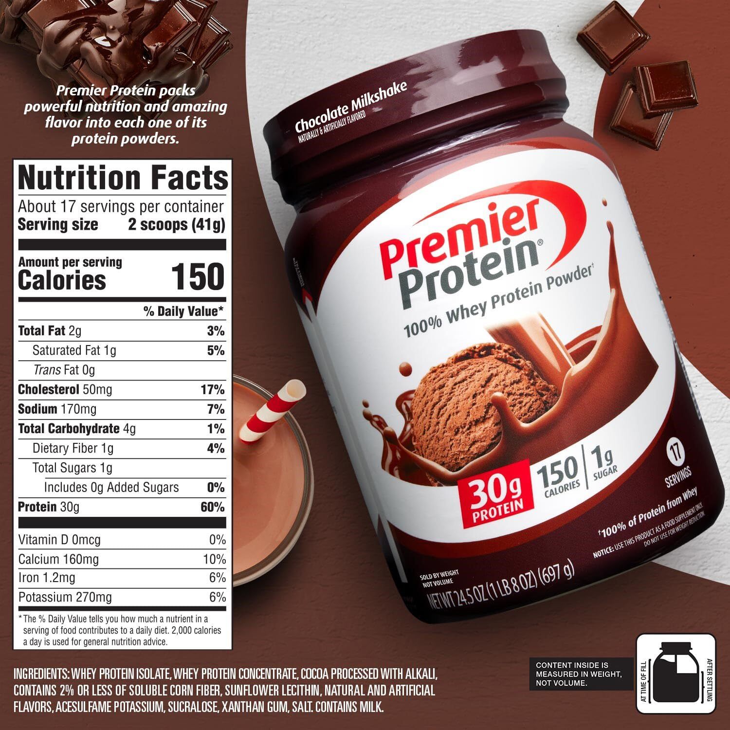 Premier Protein Powder Chocolate Milkshake 30g Protein 1g Sugar 100% Whey Pro…