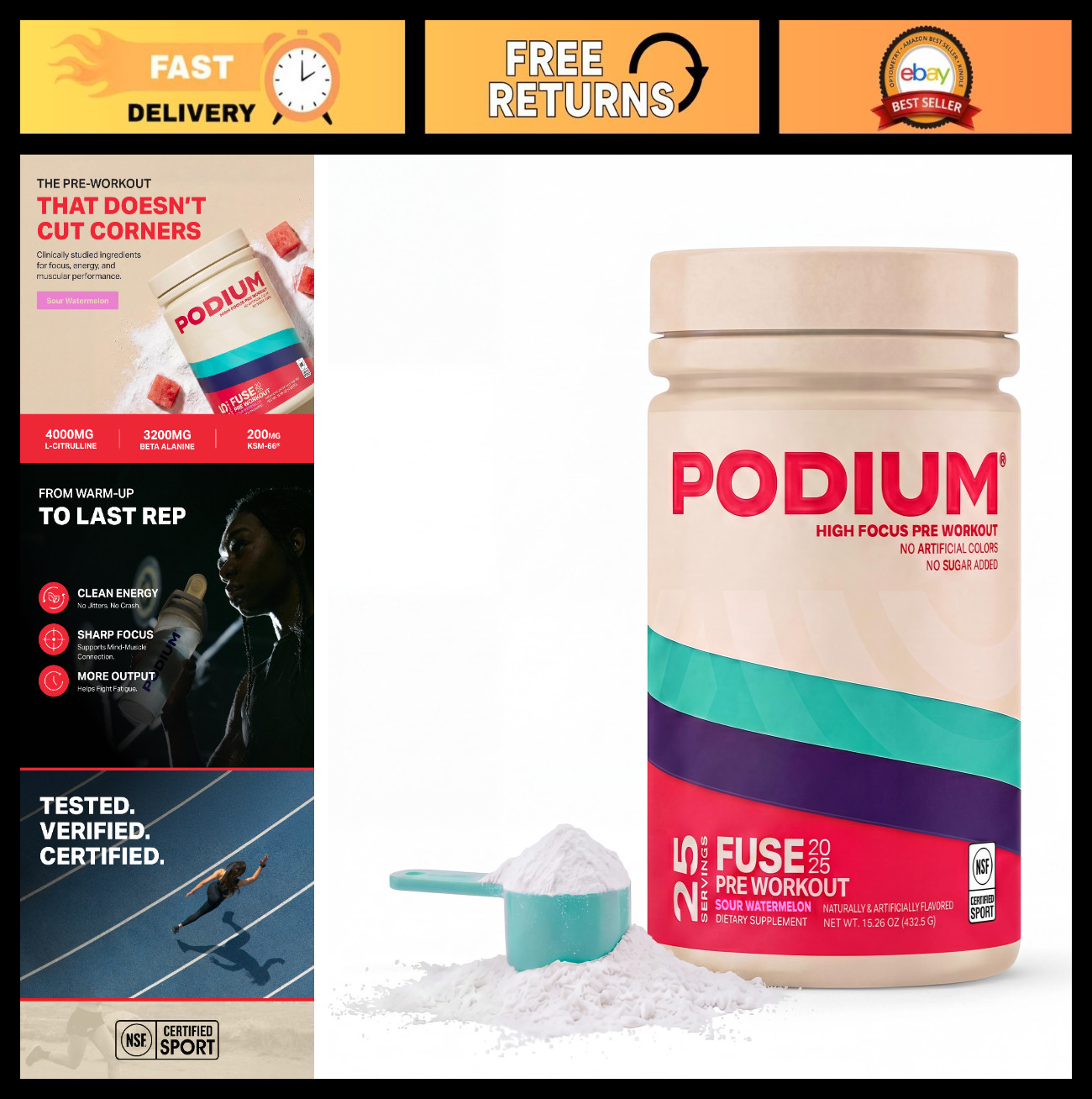 Pre Workout Powder – Sour Watermelon, 25 Servings, Beta Alanine & Caffeine, Glut