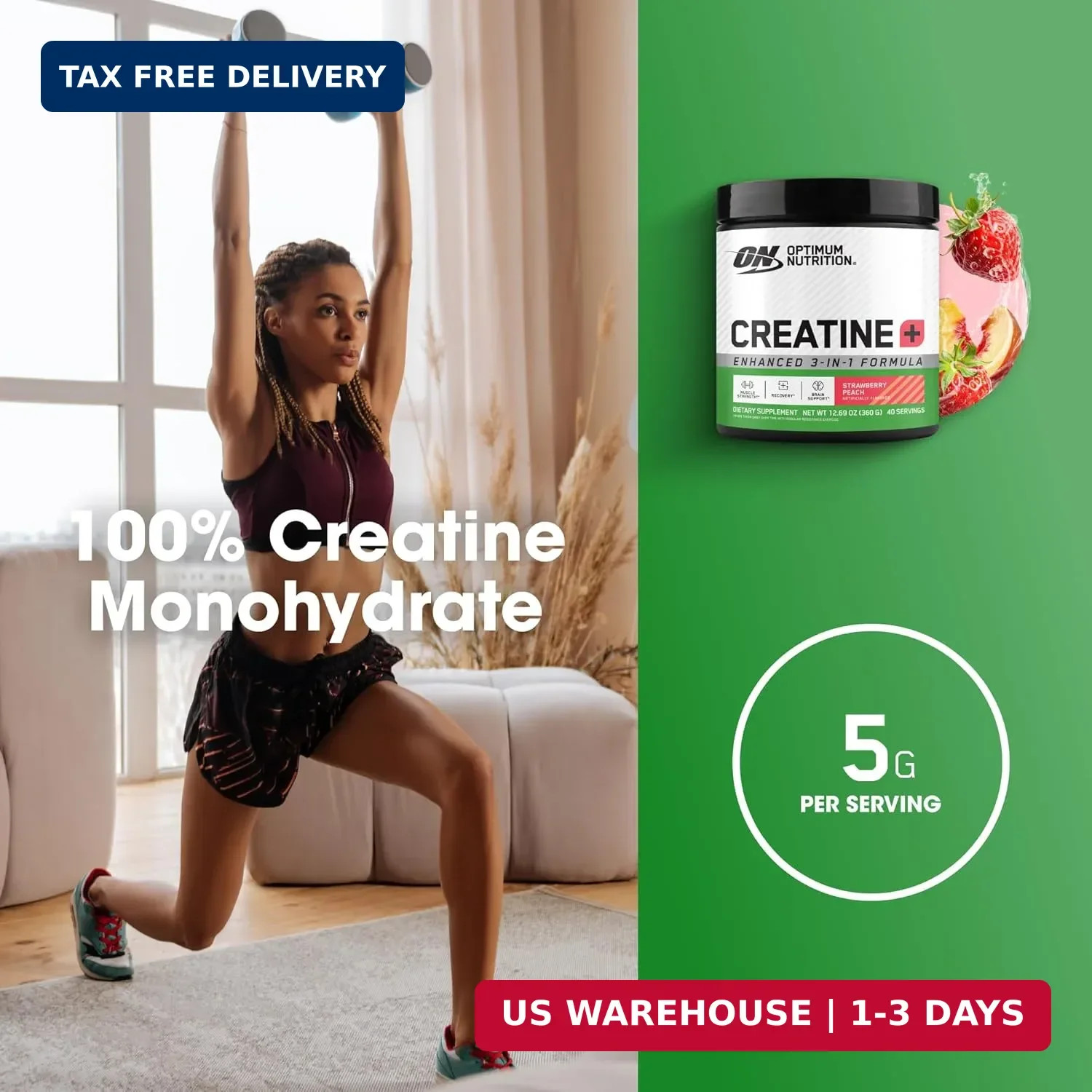 Optimum Nutrition Creatine Monohydrate Plus Powder, Strawberry Peach Flavored Cr