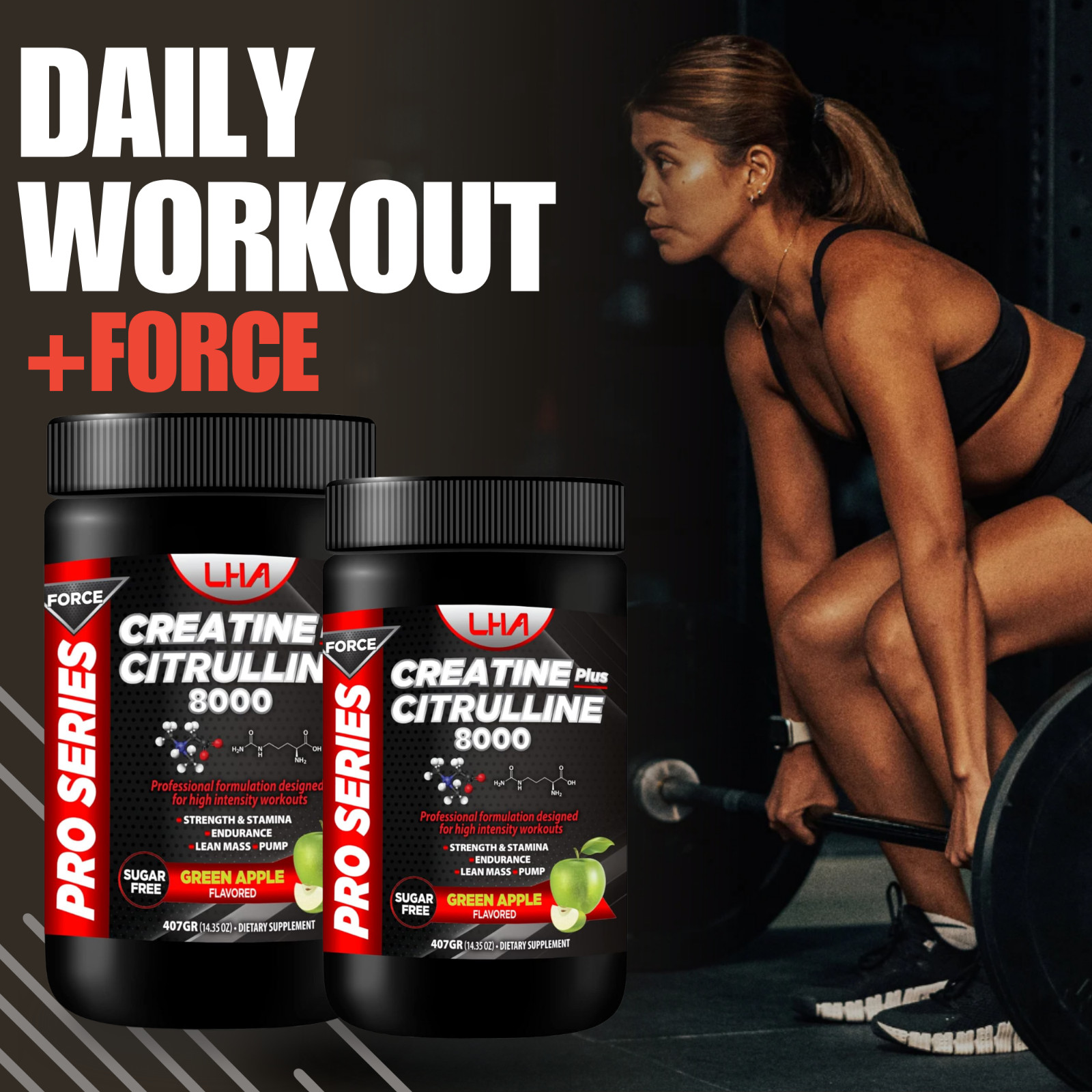 LHA Creatine Citrulline – 400g Workout Support, Green Apple flavor (2-Pack)