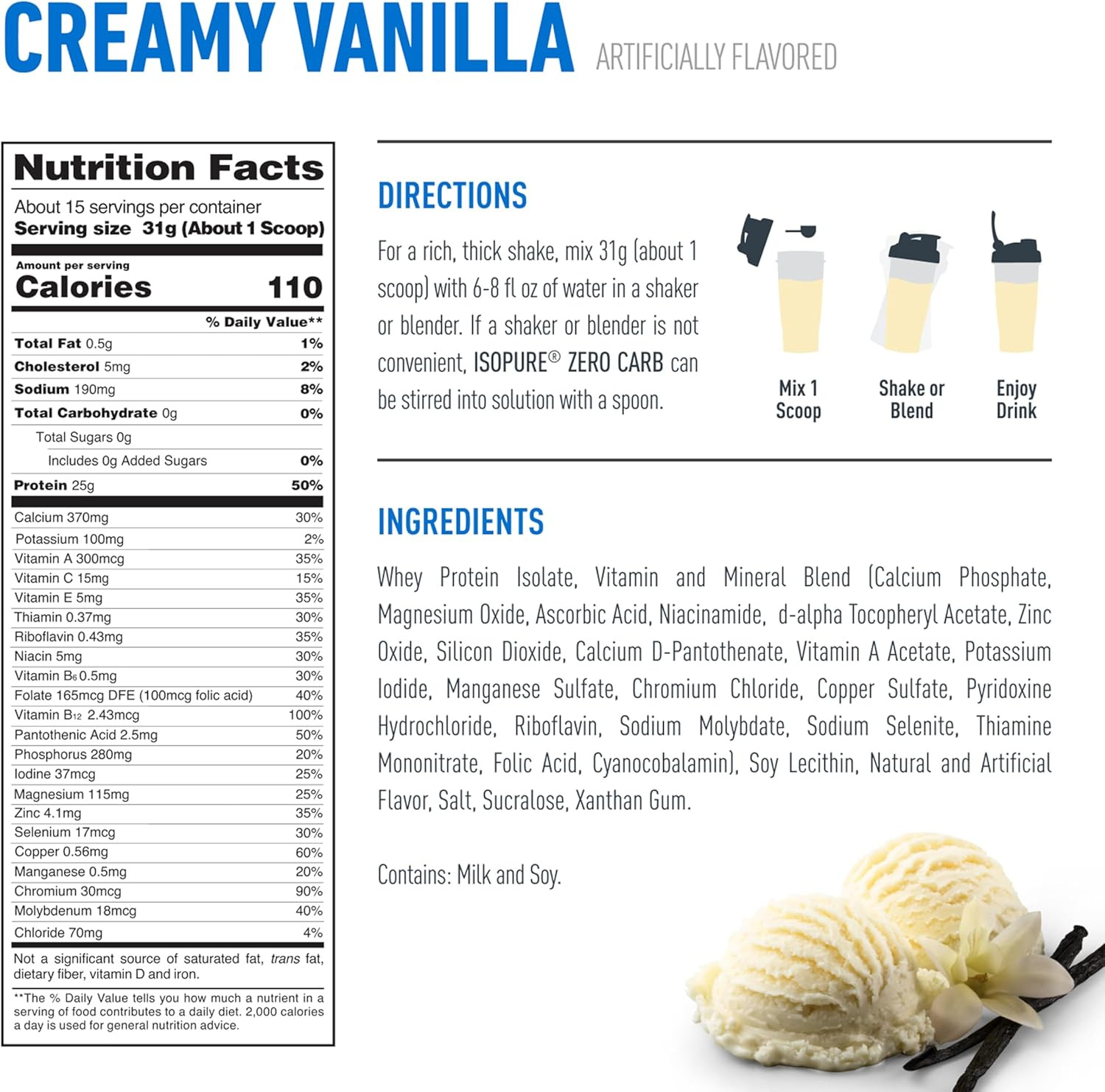 Zero Carb 100% Pure Whey Isolate Protein Powder, Lactose Free, Gluten Free, with