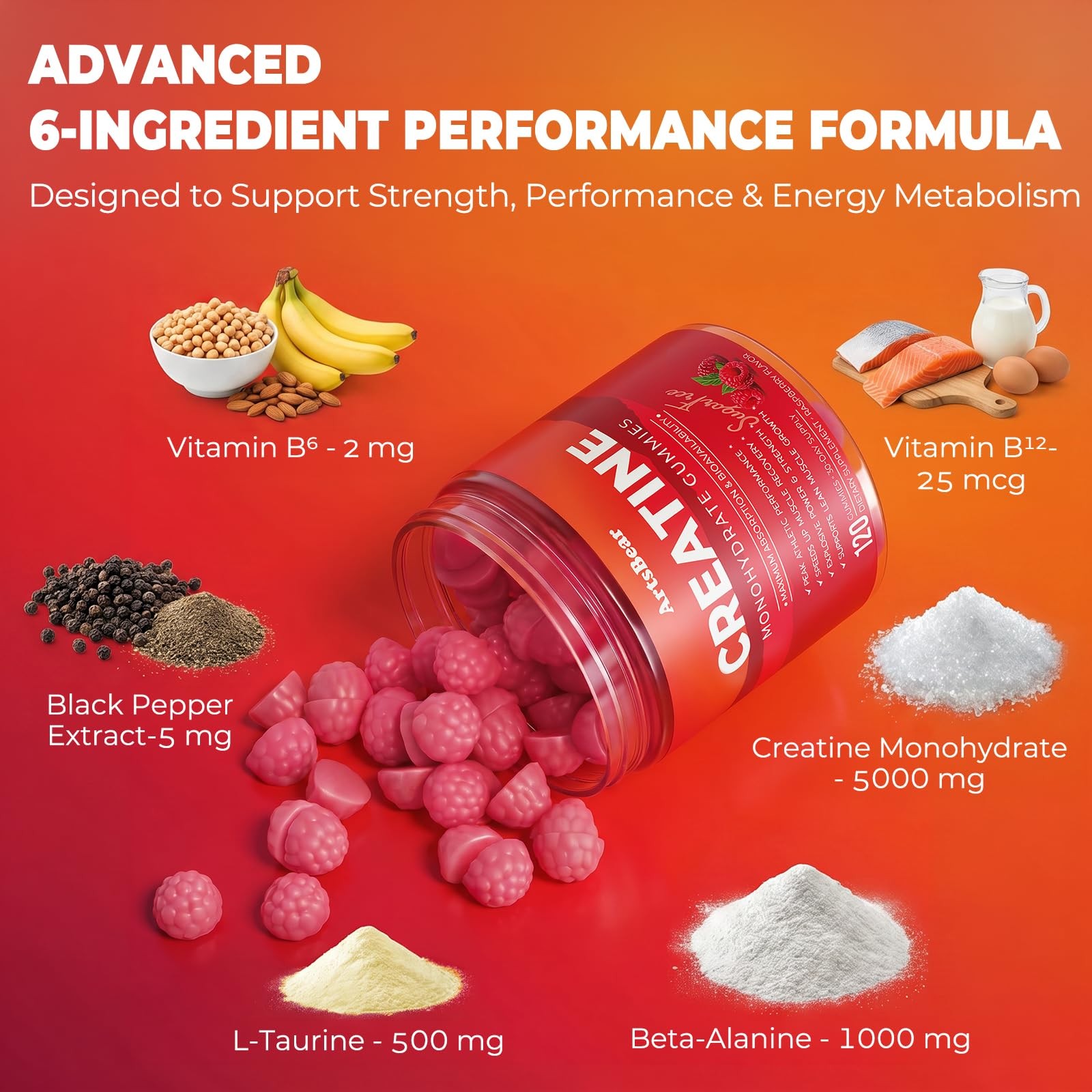 Creatine Monohydrate Gummies 5000mg, Sugar Free Vegan, 120 Count, with Beta-A…