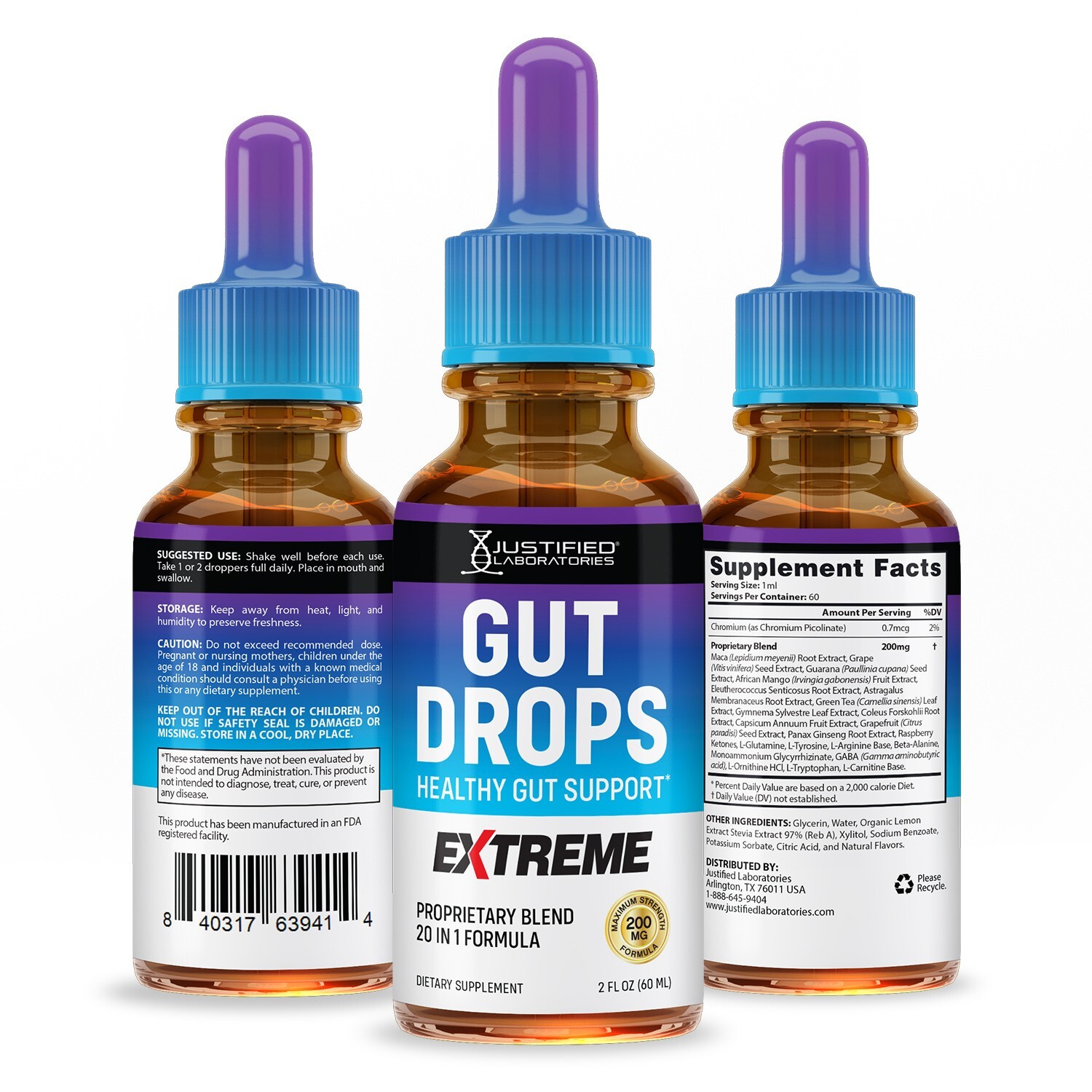 Gut Drops Extreme 200MG Healthy Gut Support 20-in-1 Proprietary Blend 3 Pack
