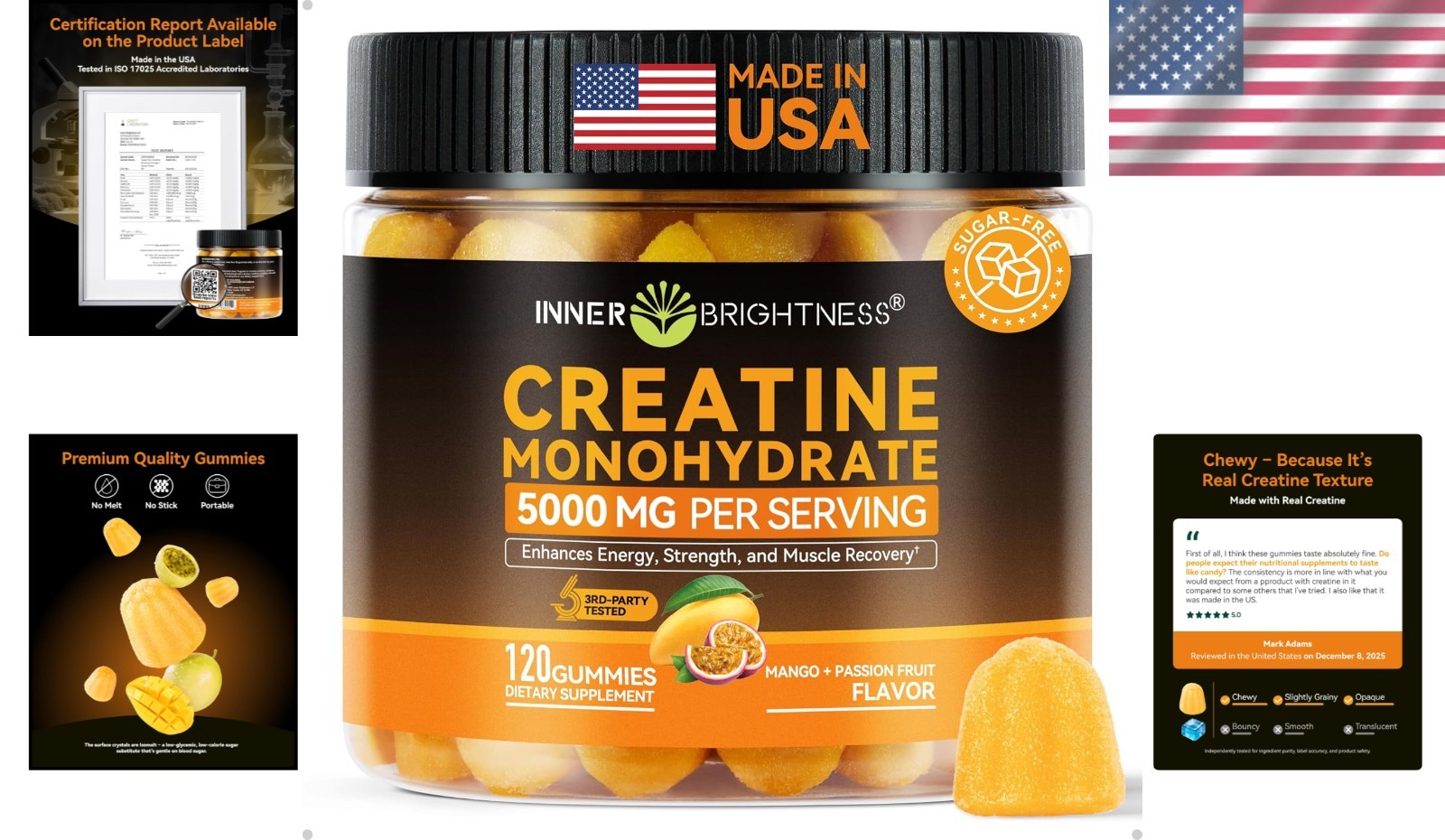 Mango Passionfruit Creatine Gummies for Muscle Strength – & Safe, 120ct