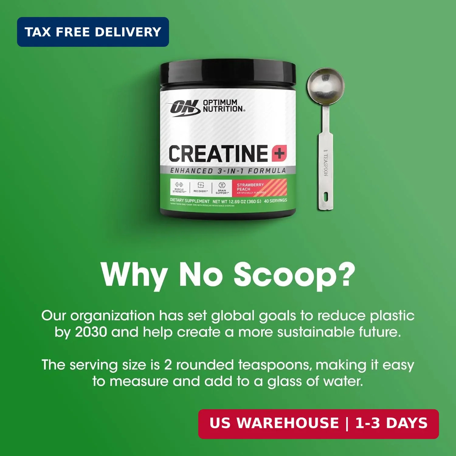 Optimum Nutrition Creatine Monohydrate Plus Powder, Strawberry Peach Flavored Cr