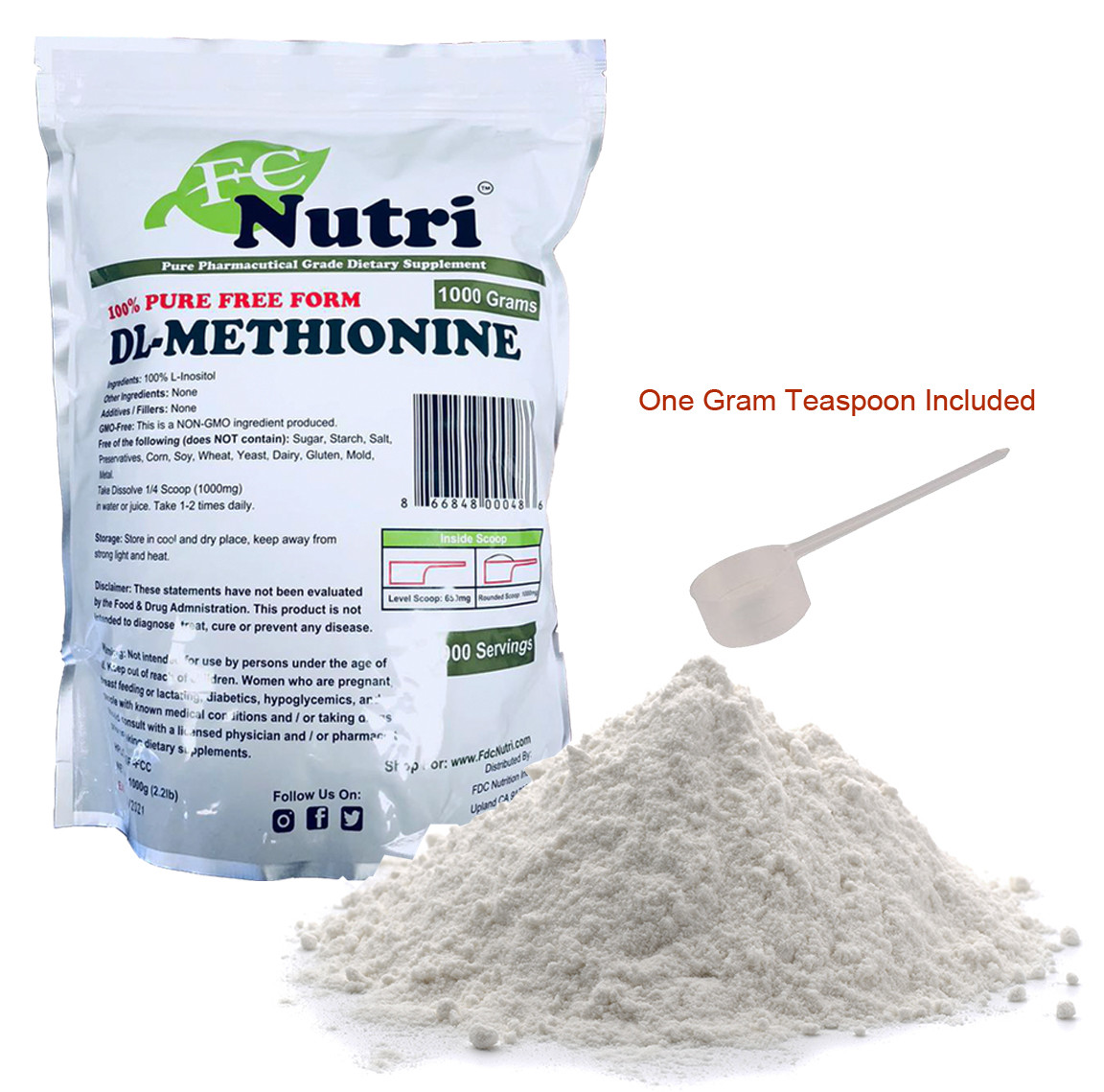 DL-Methionine Powder 100%pure Two 2.2lbs (2000 grams total) By FDCNutri