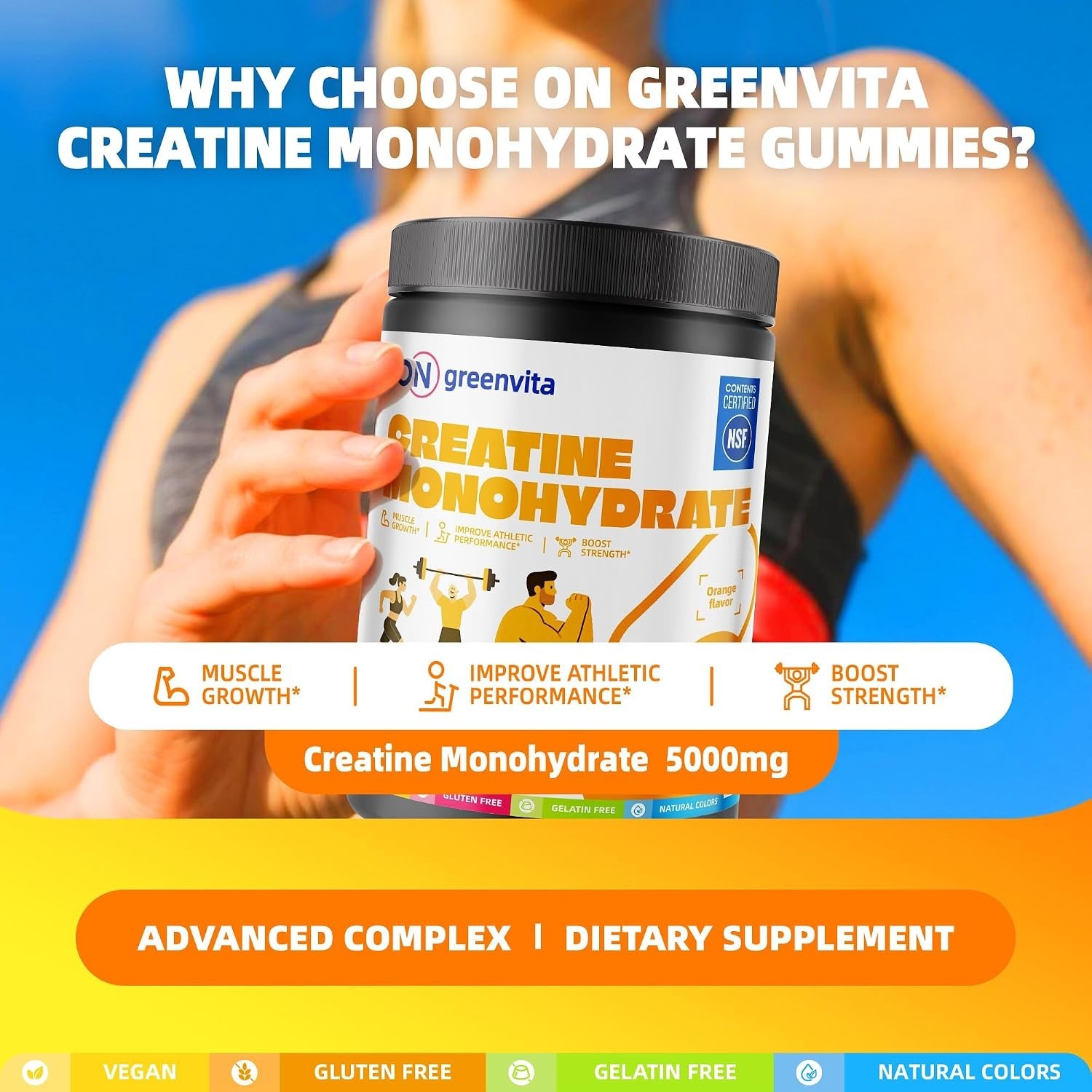 Creatine Monohydrate Gummies, NSF Certified Creatine Gummy, 5g Dose for Men & Wo