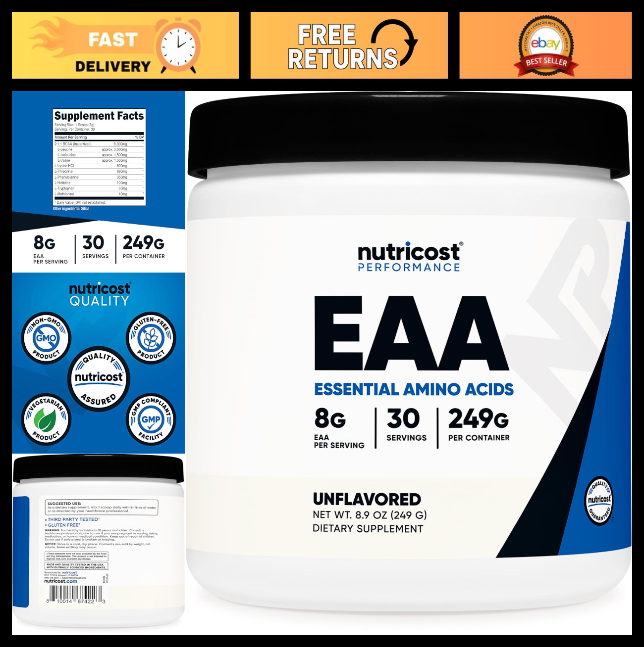 Essential Amino Acids Powder – 30 Servings, Unflavored, Non-GMO, Gluten Free, Ve