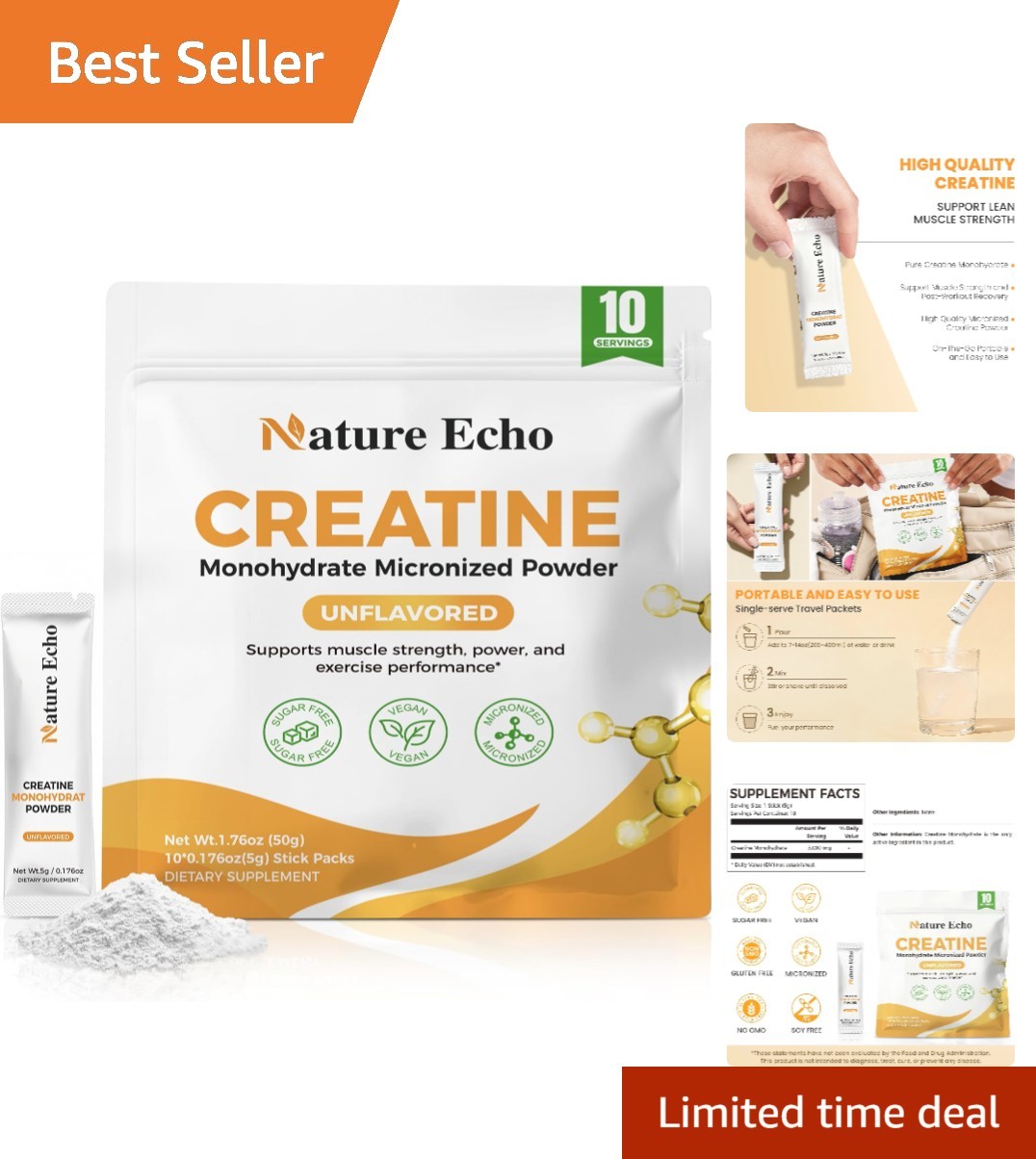 High-Quality Creatine Monohydrate – 10 Travel Packs for On-the-Go Muscle Energy