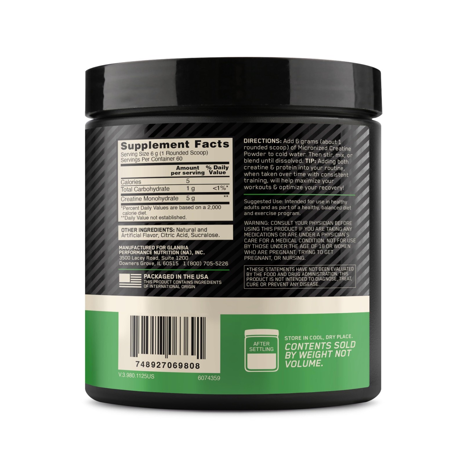 Micronized Creatine Monohydrate Powder, 5g per Serving, Strength & Recovery, 60