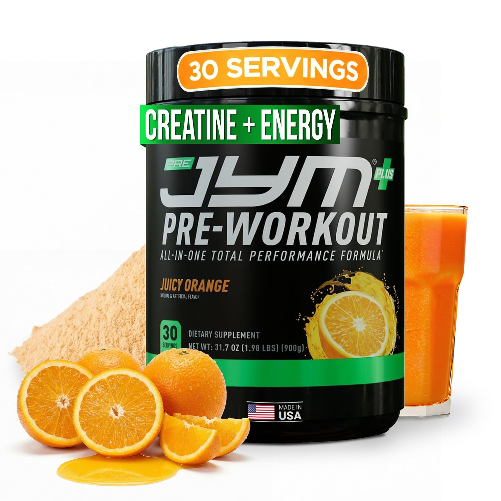 Pre JYM Plus Pre Workout Orange Creatine Monohydrate Caffeine 31.7 Oz Alpha GPC
