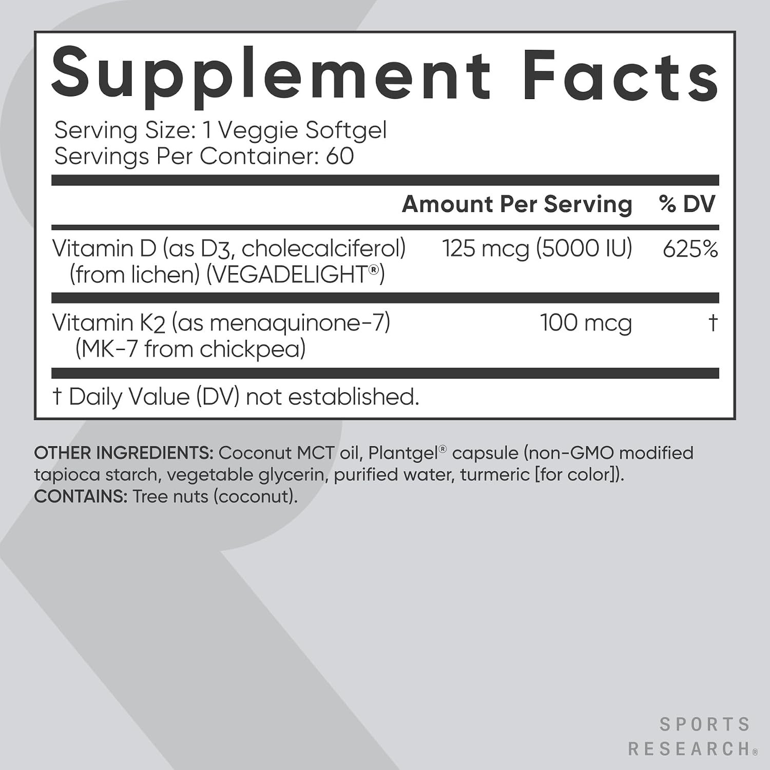 Sports Research Vegan Vitamin D3 K2 5000IU 60 Plant gels Non-GMO Soy-Free