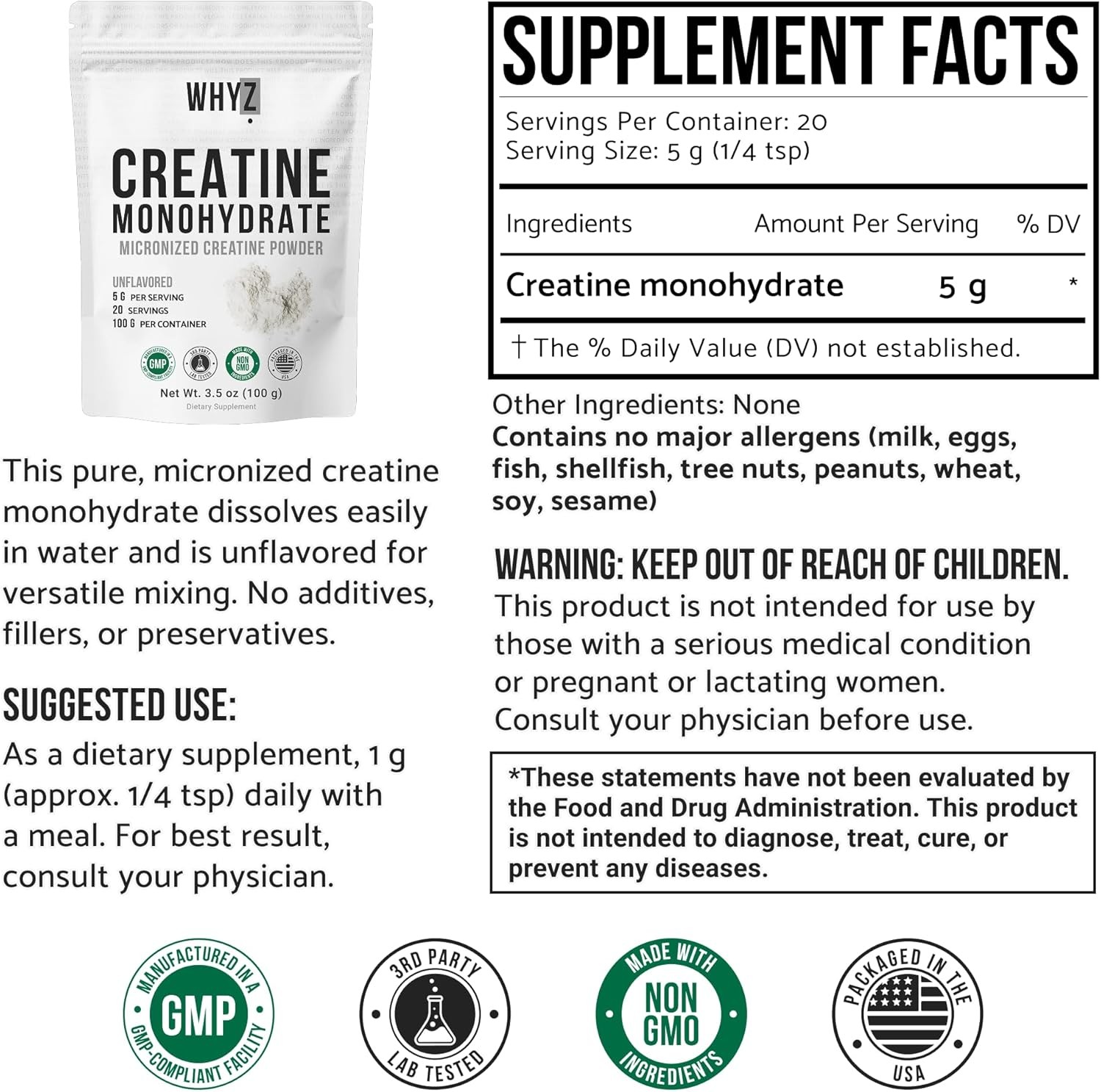 Creatine Monohydrate Powder Micronized Unflavored 3.5oz 20 Servings Men Women