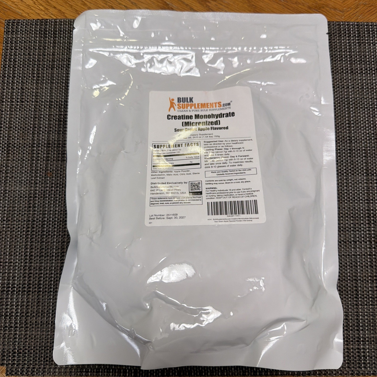 Bulk Supplements Creatine Monohydrate Sour Green Apple Flavored 24.6oz BRAND NEW