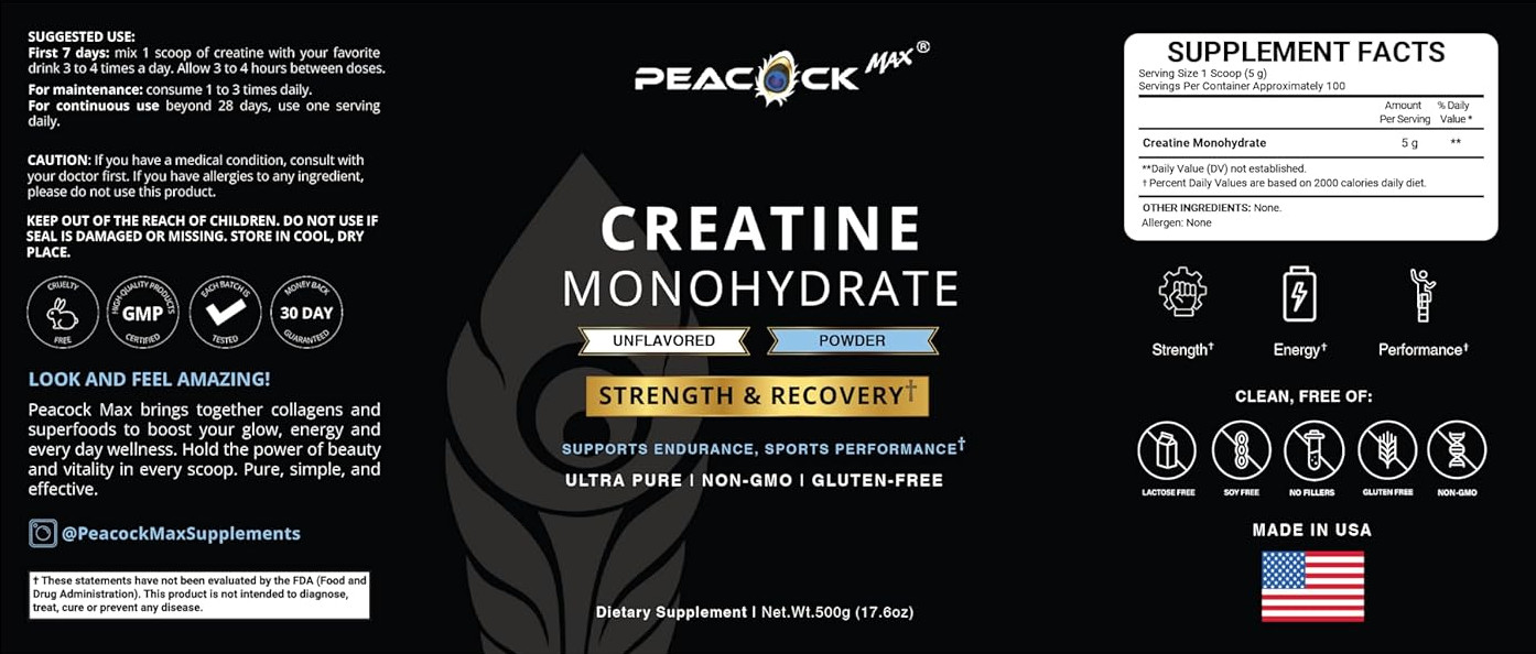 Creatine Monohydrate Powder – 500g (5g per Serving), Creatine Powder Unflavored