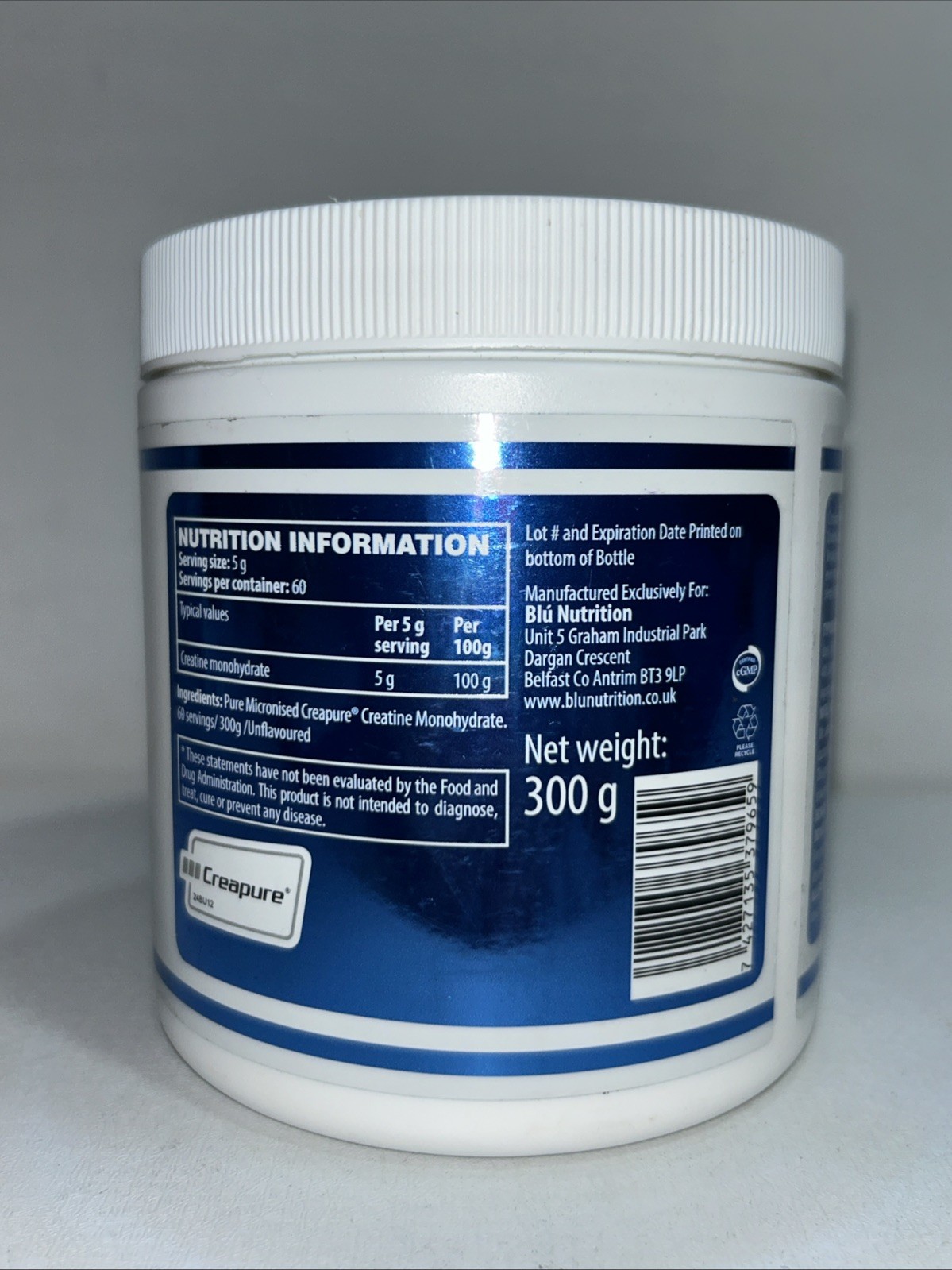 Sealed Blu Nutrition Creatine, Unflavored 300 G