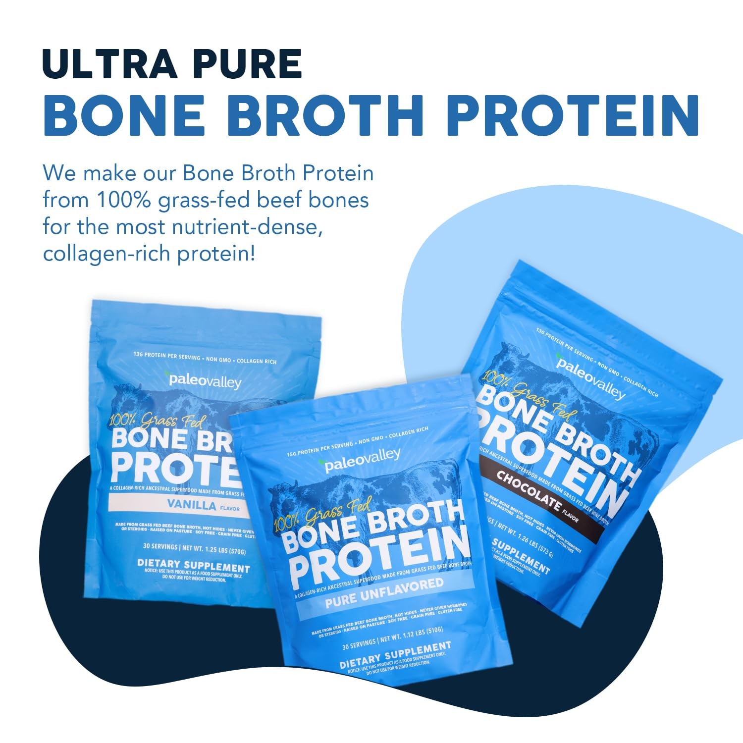 Bone Broth Protein Powder 100% Grass Fed Beef 15g Protein Per Serving No