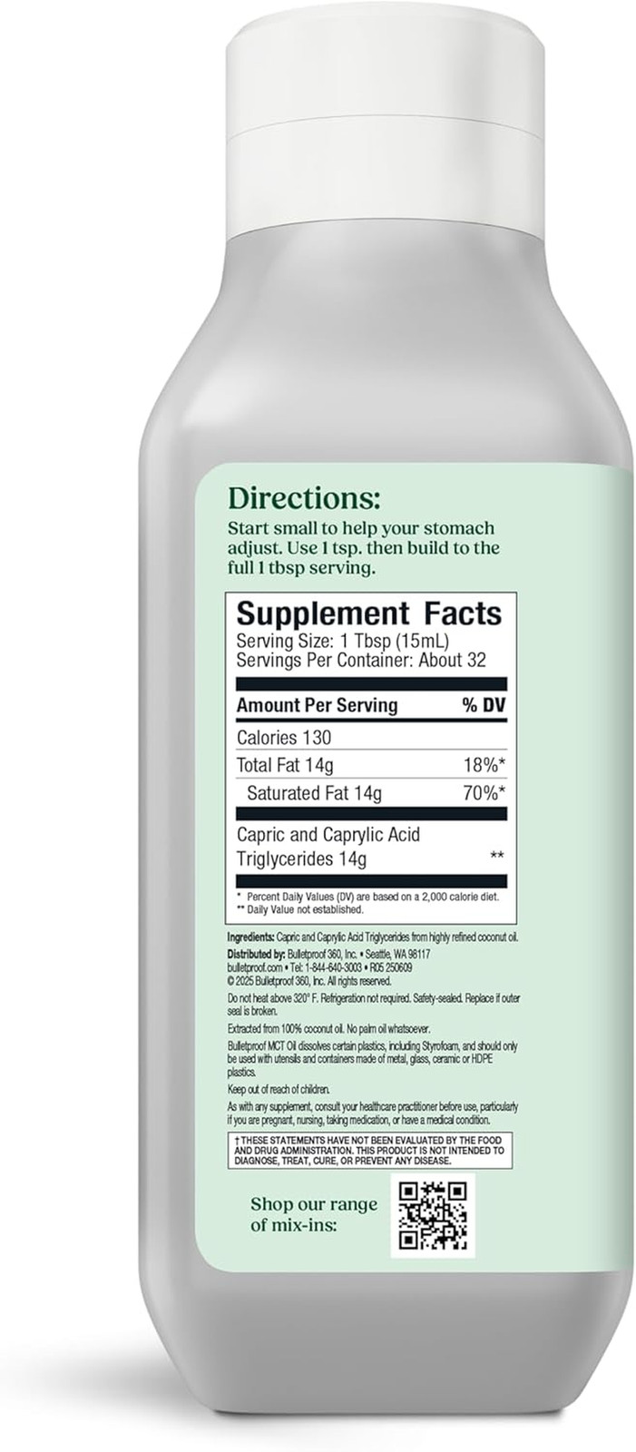 XCT MCT Oil Made with C10 and C8 MCT Oil, Flavorless, 14G Mcts, 16 Fl Oz Bullet