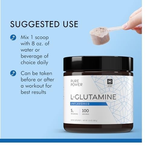 Unflavored L-Glutamine Powder, 17.6 oz, 100 Servings, Non-GMO, NSF Certified, 5g