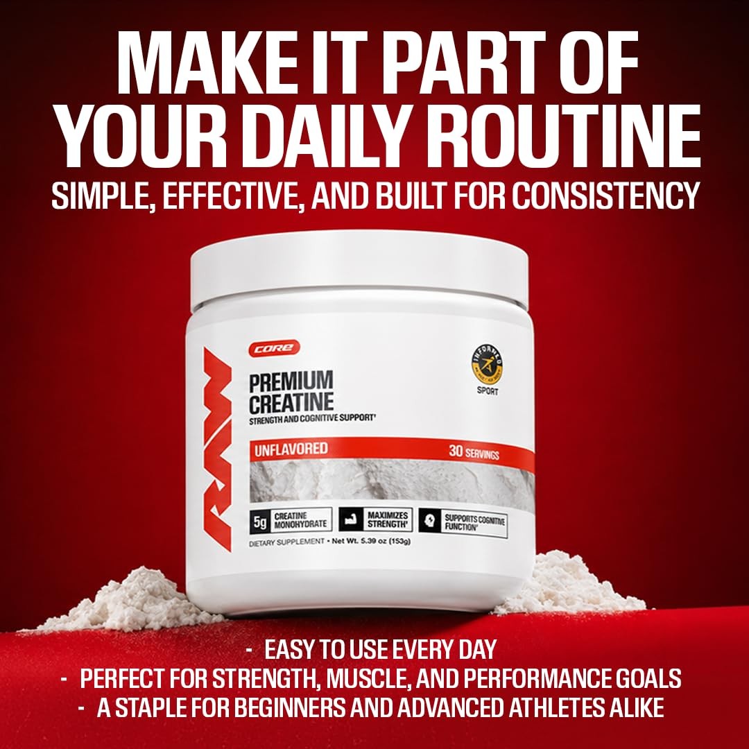 RAW Nutrition Creatine Monohydrate Powder, Unflavored (30 Servings) – Micronized