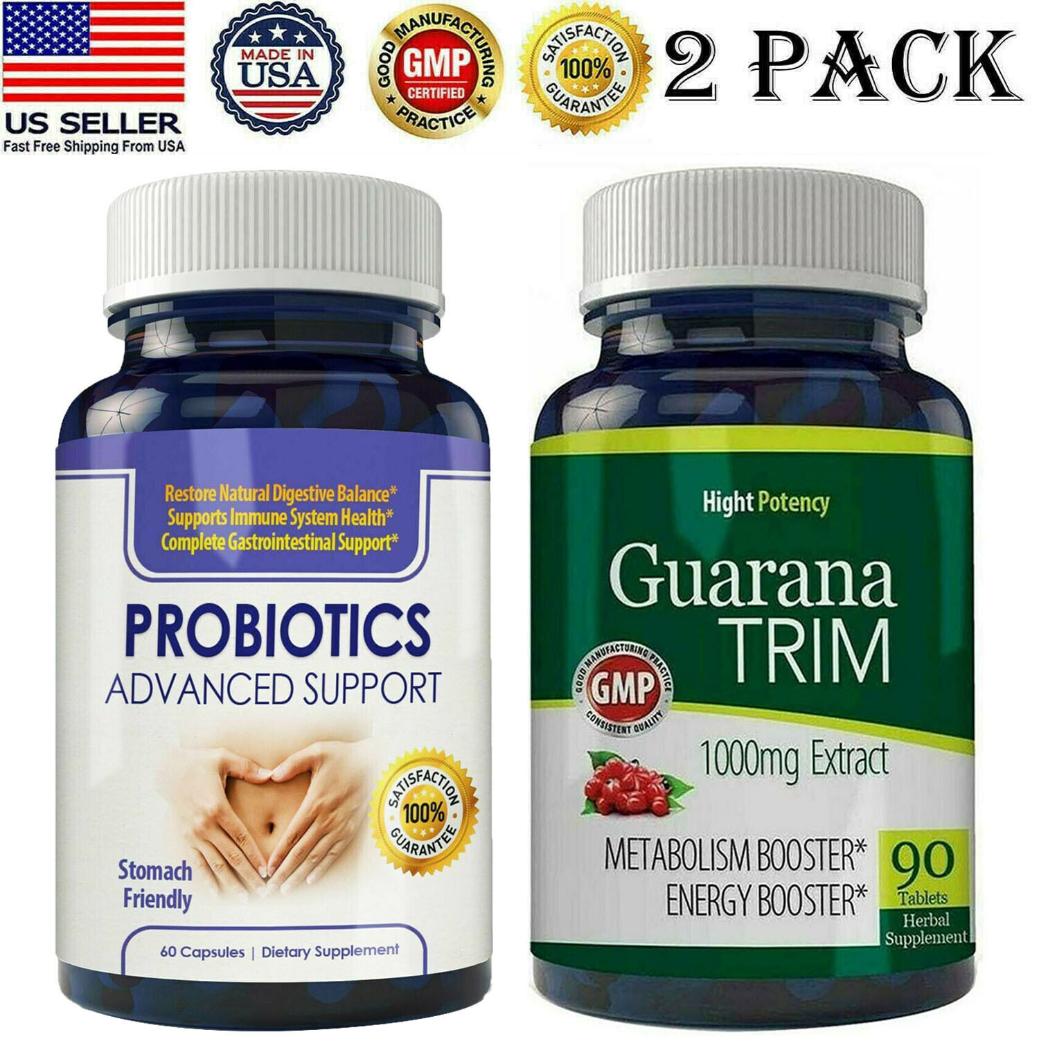 Probiotics Digestive Support & Guarana Extract Metabolism Supplement 90 Tablets