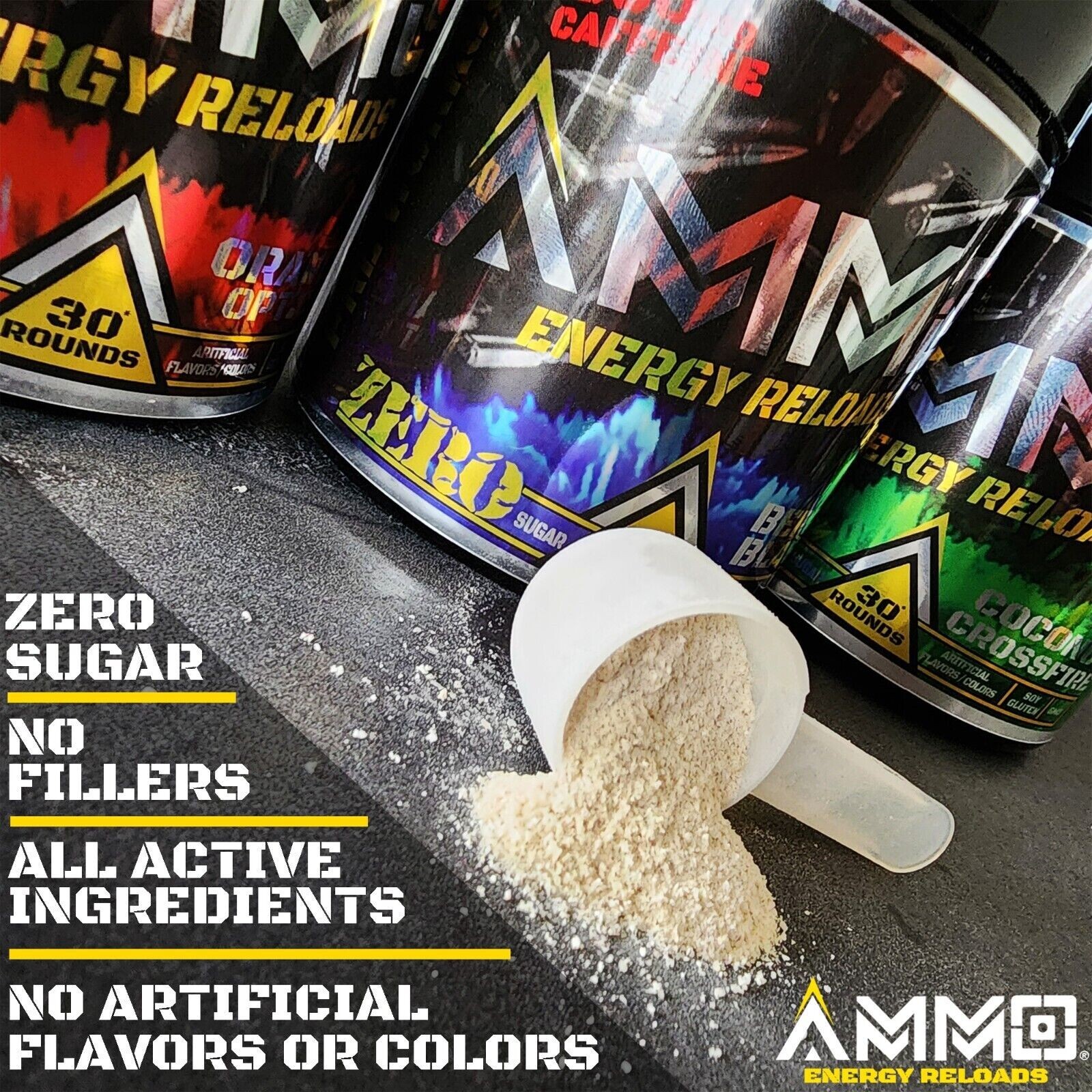 AMMO Energy Reloads Pre Workout powder ALL Natural NO Sugar NEW Formula 30 serv