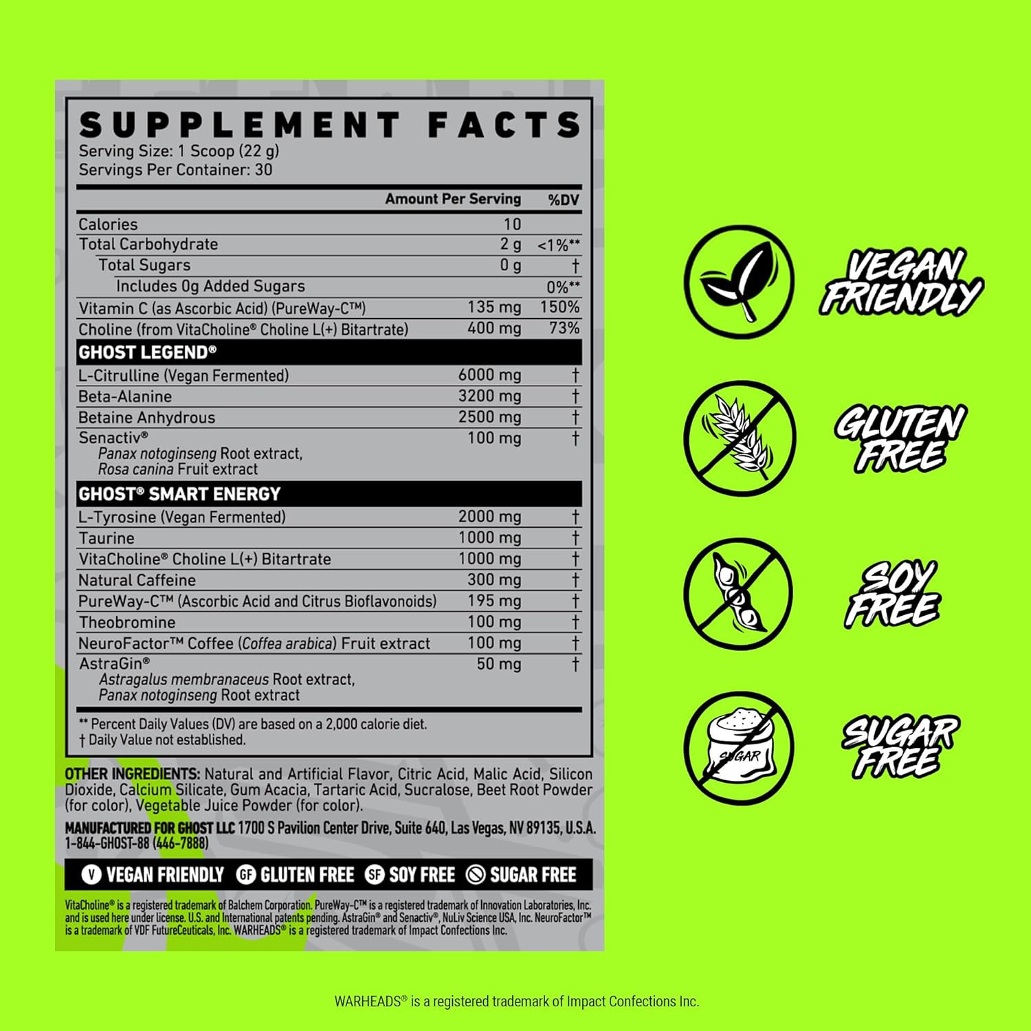 GHOST Legend Pre-Workout Powder, Warheads Sour Watermelon – 30 Servings – Pre-Wo