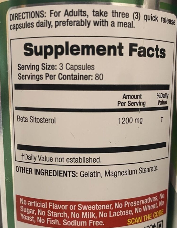 Beta Sitosterol 1200mg 240Caps GMO and Gluten Free