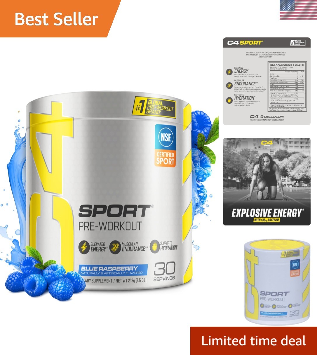 30 Servings of Sugar-Free Blue Raspberry Pre-Workout | NSF Certified for Sport