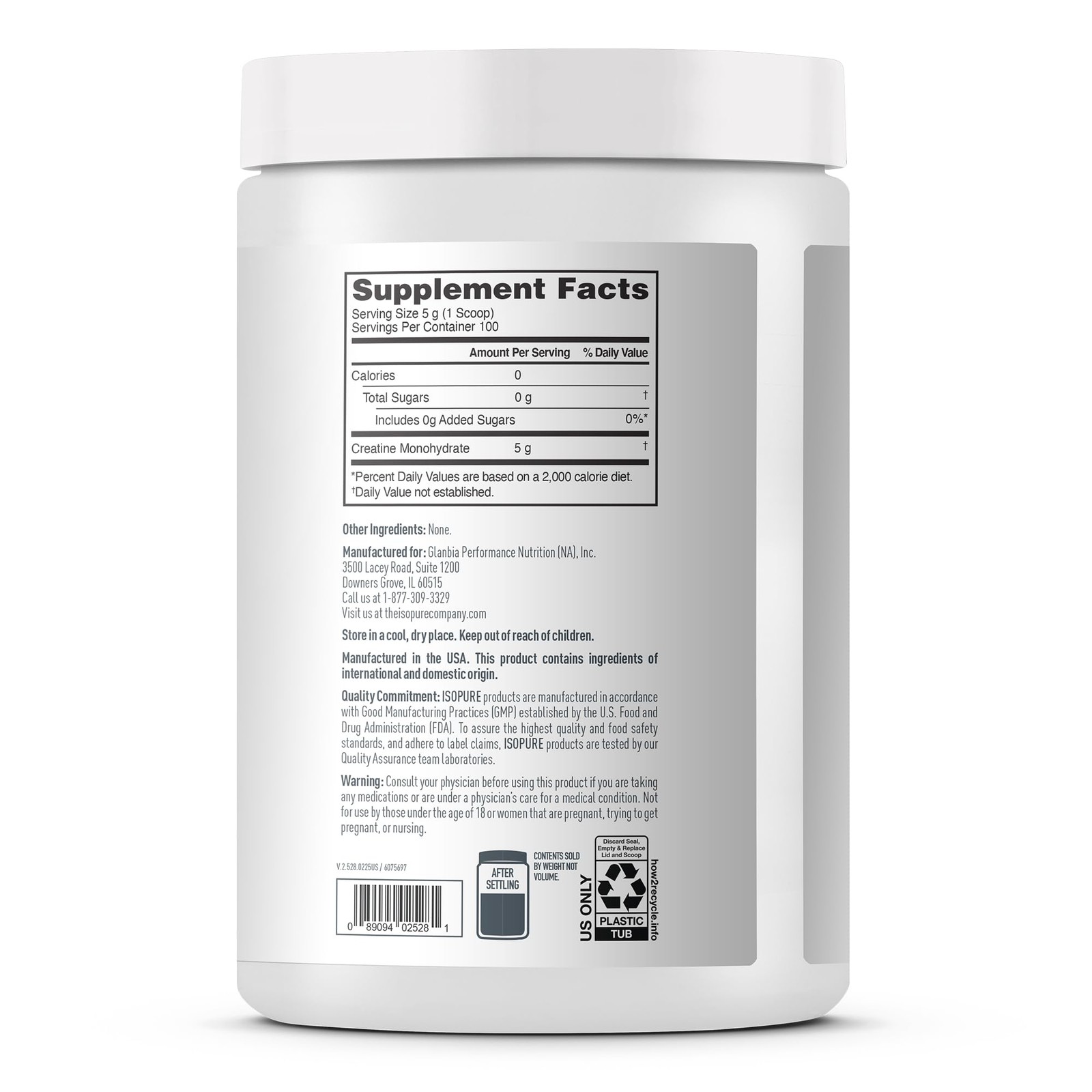 Isopure 100% Pure Creatine Monohydrate Powder, 1.1 Pound (Pack of 1), White