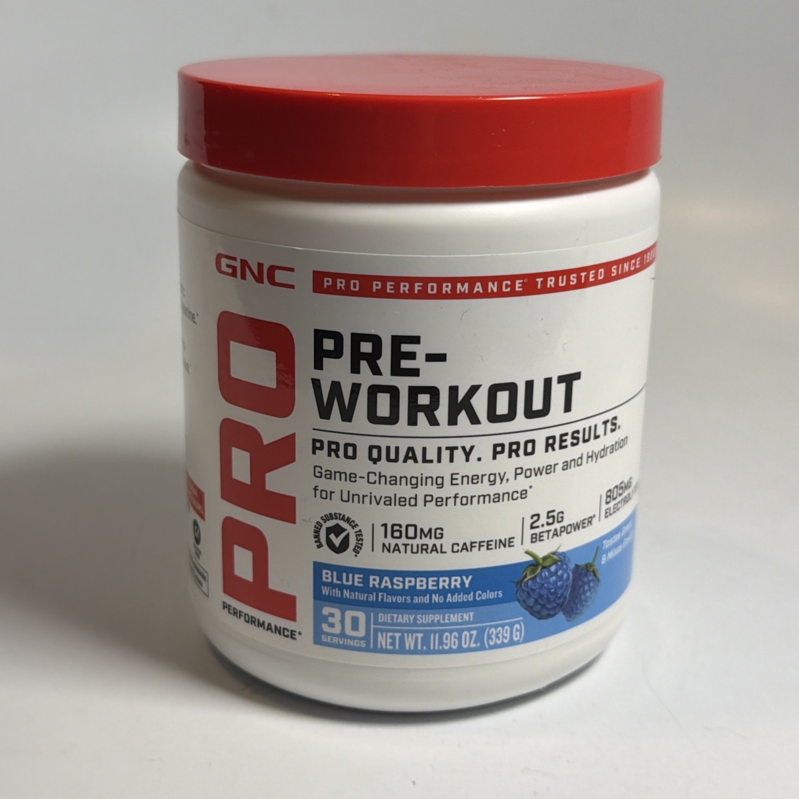 GNC Pro Pre-Workout Blue Raspberry 30 Servings Natural Caffeine 160mg 03/2027