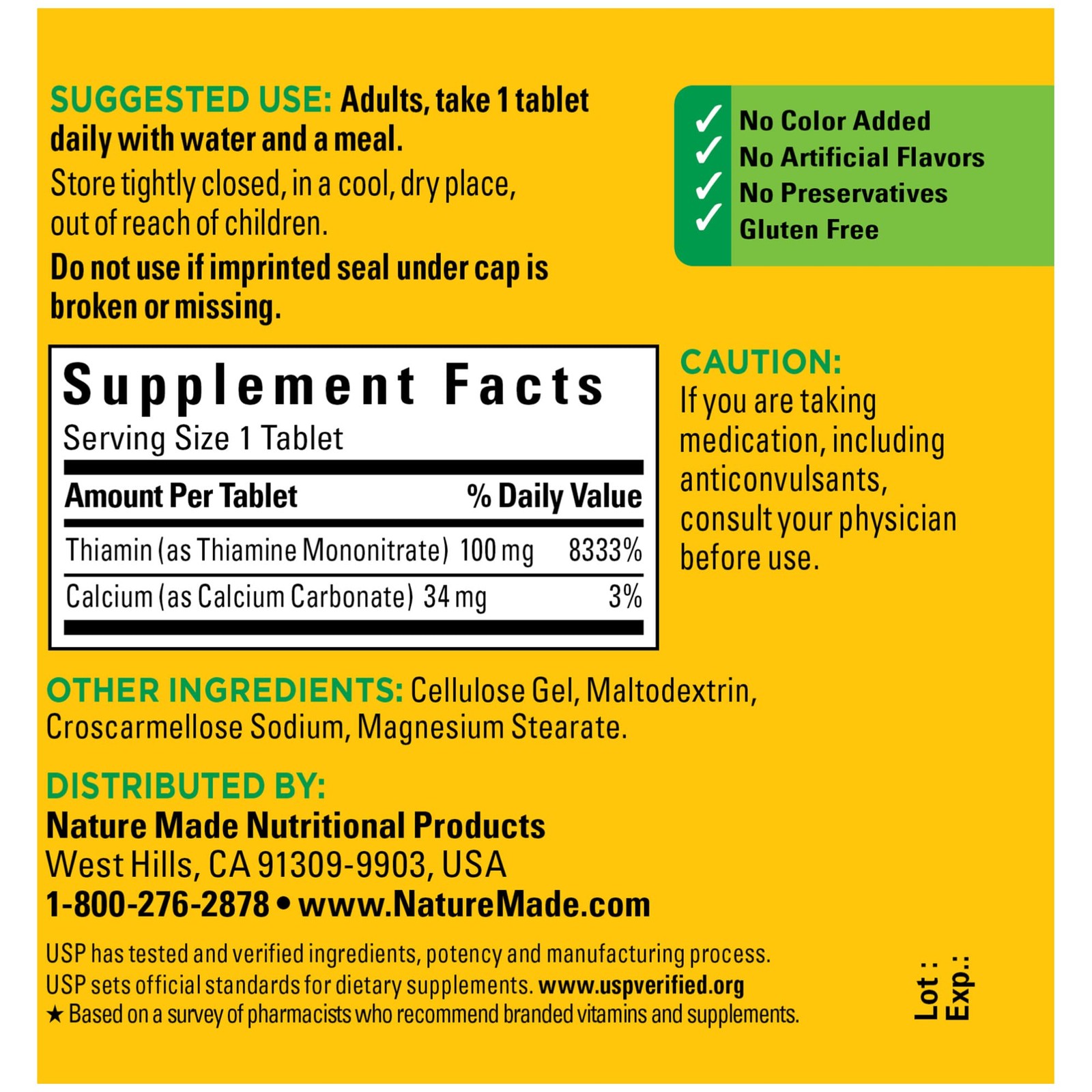 Nature Made Vitamin B1 100mg Thiamine Energy Metabolism 100 Tablets Supplement