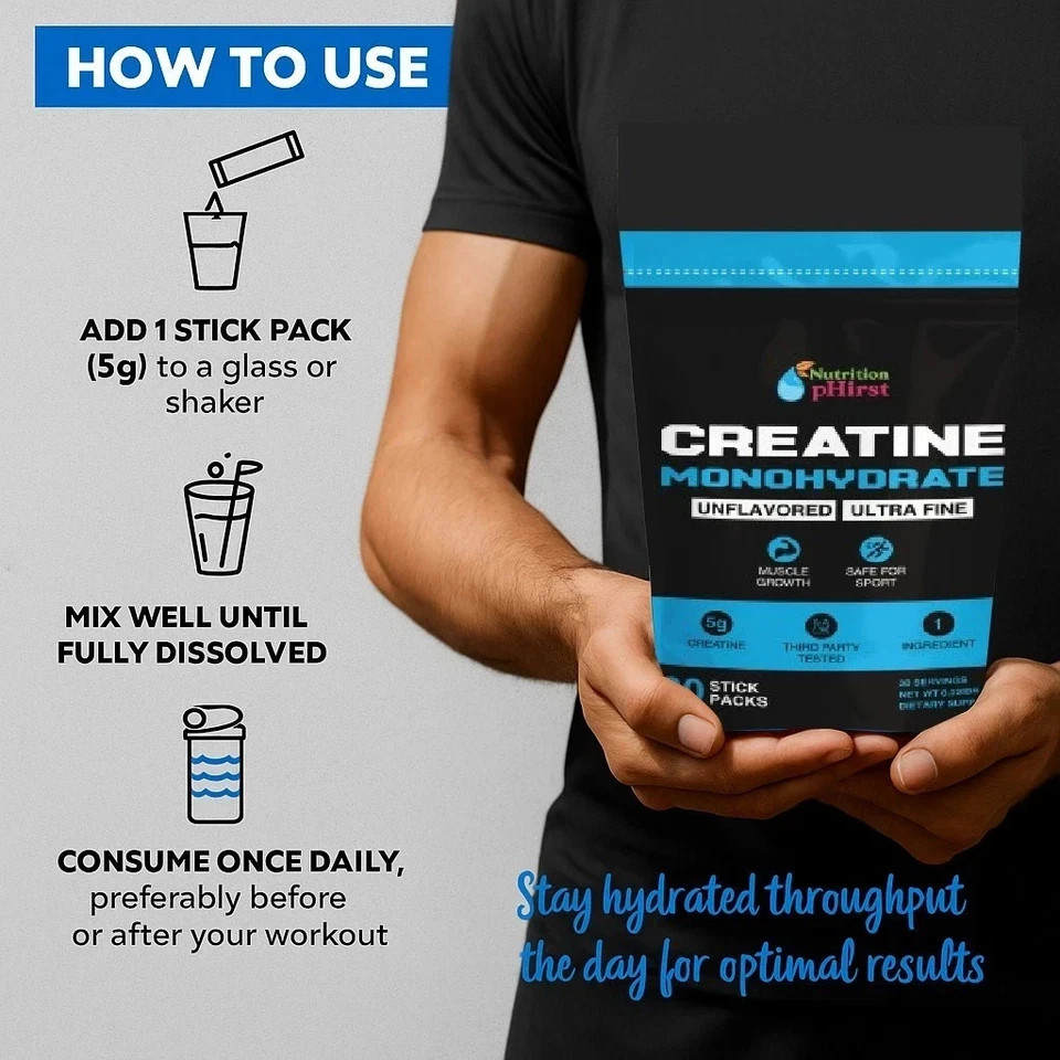 Creatine Monohydrate Sticks Muscle Gain 5000mg Per Serv (5g) 30 Sticks Powder US