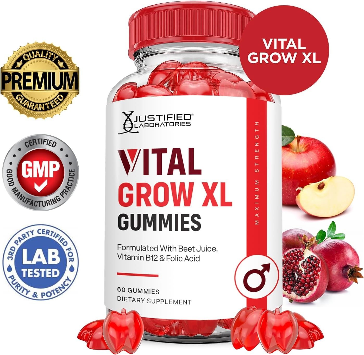 Justified Laboratories Vital Grow XL Gummies 1000mg ACV Folate B12 Non-GMO Vegan