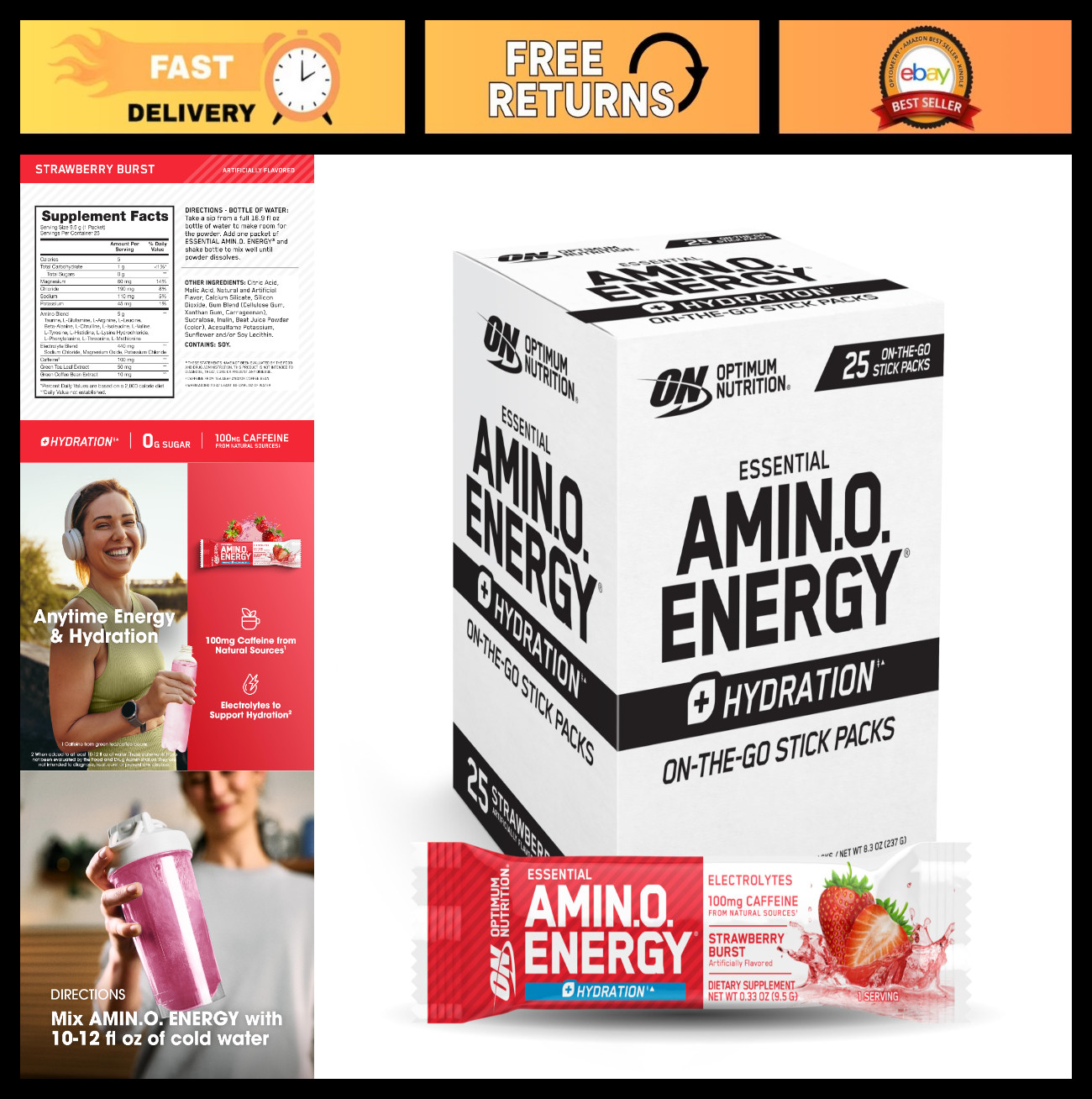 Amino Energy Focus Powder Packets – Strawberry Burst, 25 Ct, BCAA, Electrolytes,