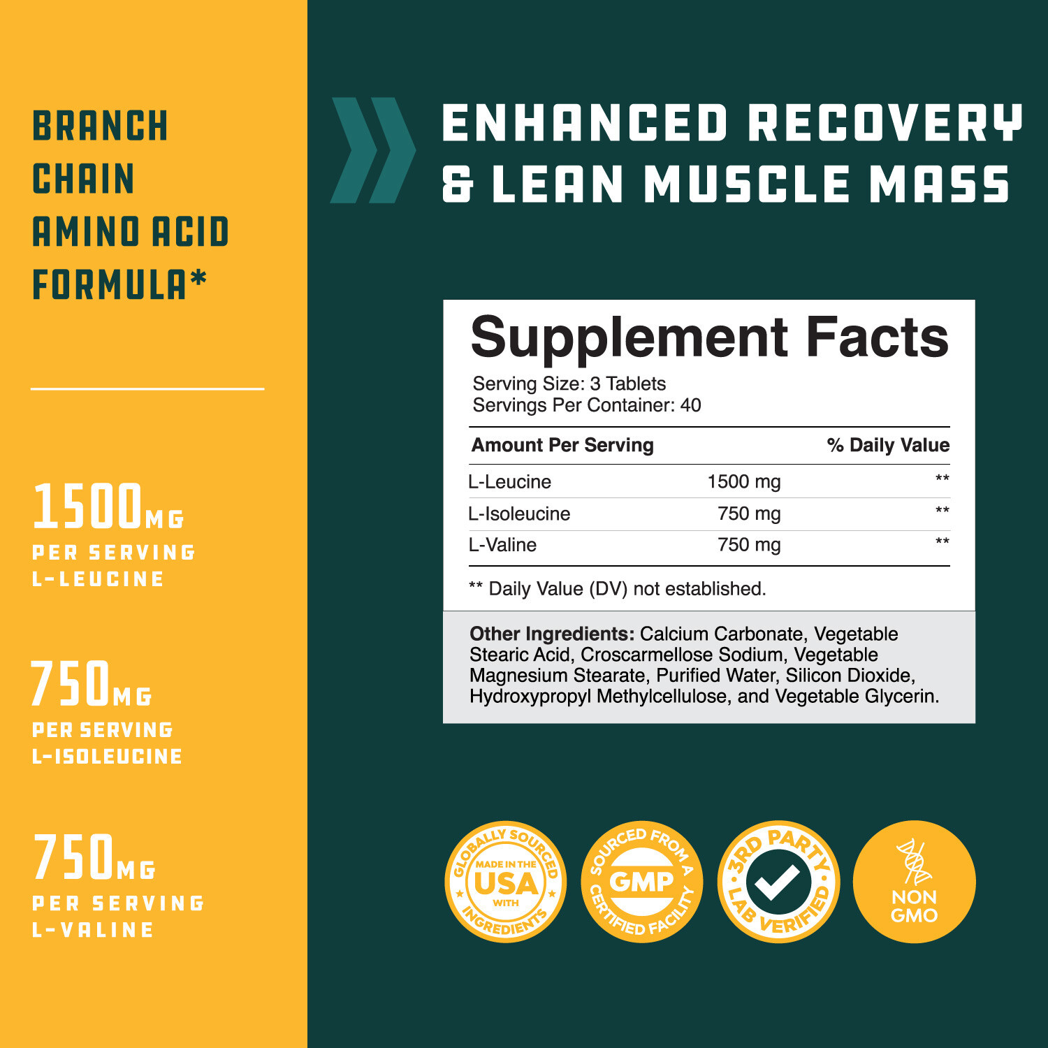 Branch Chain Amino Acids Supplement – Vegan BCAA Tablets Post Workout 120ct