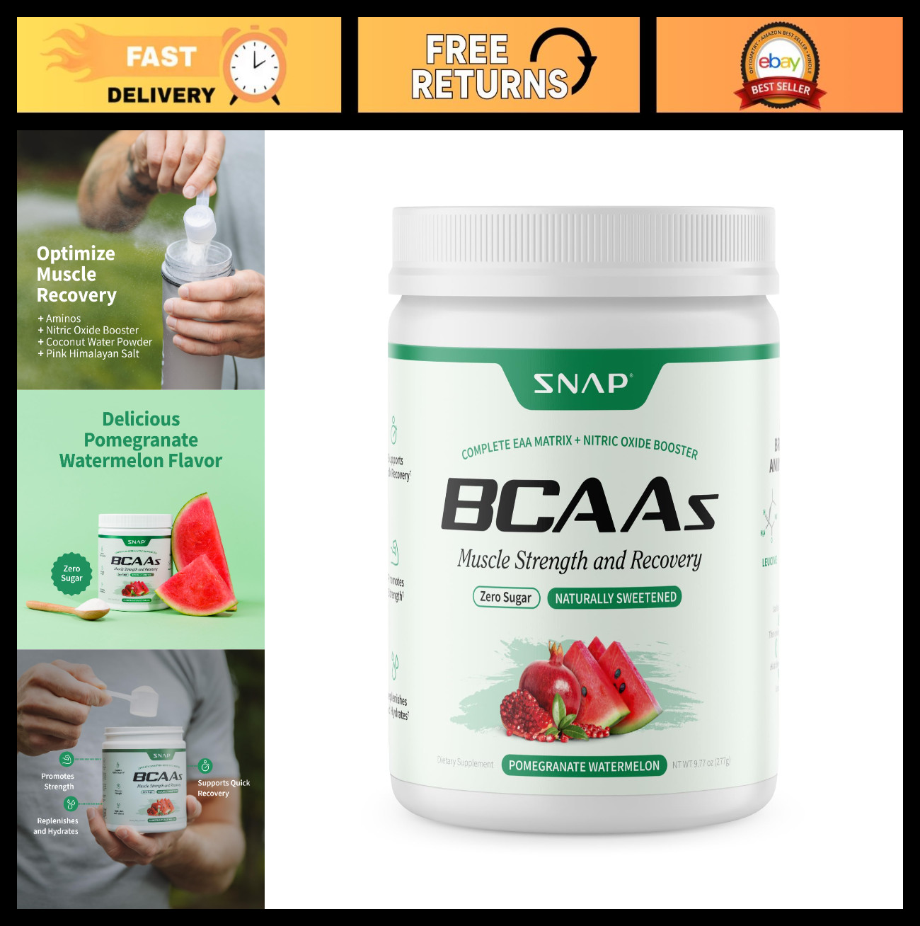 Vegan BCAA Powder 5g – 2:1:1 Amino Acids + Nitric Oxide Booster, 30 Servings, Po