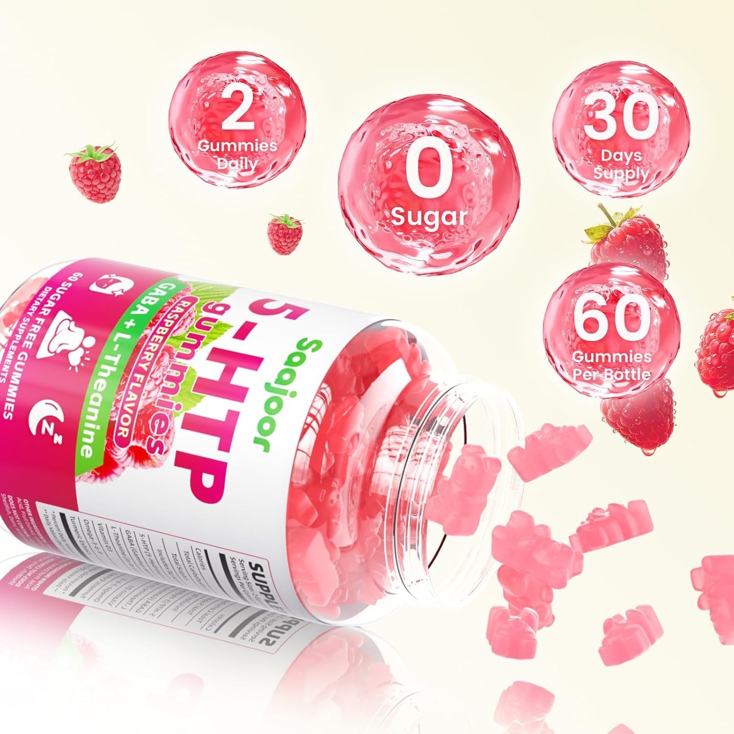 Saajoor 5-HTP 300mg Gummies with GABA+L-Theanine & Vitamin D3, Circadian Support