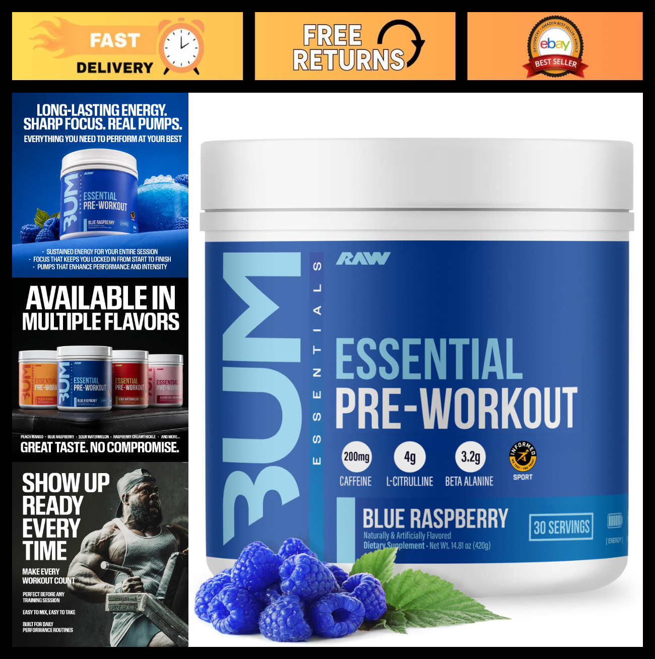 Essential Pre Workout Powder | Energy Drink for Men & Women | Blue Raspberry Fla