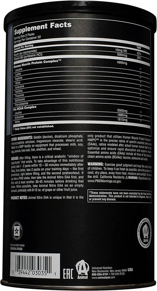 Universal Nutrition Animal Nitro EAA and BCAA Amino Acids Supplement 44 Packs