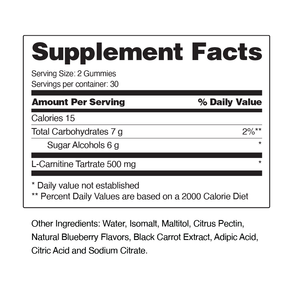 Sugar Free L-Carnitine Chews Natural Energy, Pre Workout and Recovery Gummy 60ct