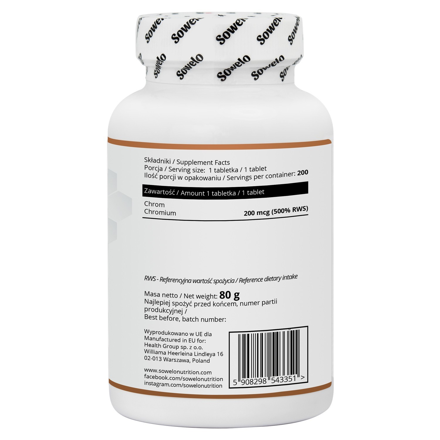 SOWELO CHROMIUM PICOLINATE 200mcg GLUCOSE METABOLISM SUPPORT WEIGHT LOSS AID