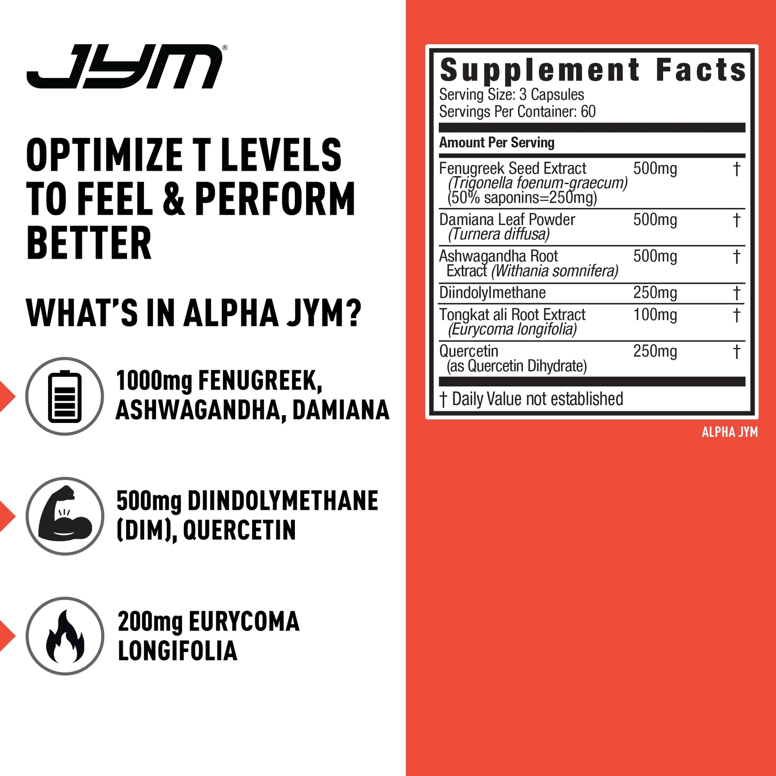 Alpha JYM Testosterone Booster 180 Count Energy Focus Muscle Growth Optimizer