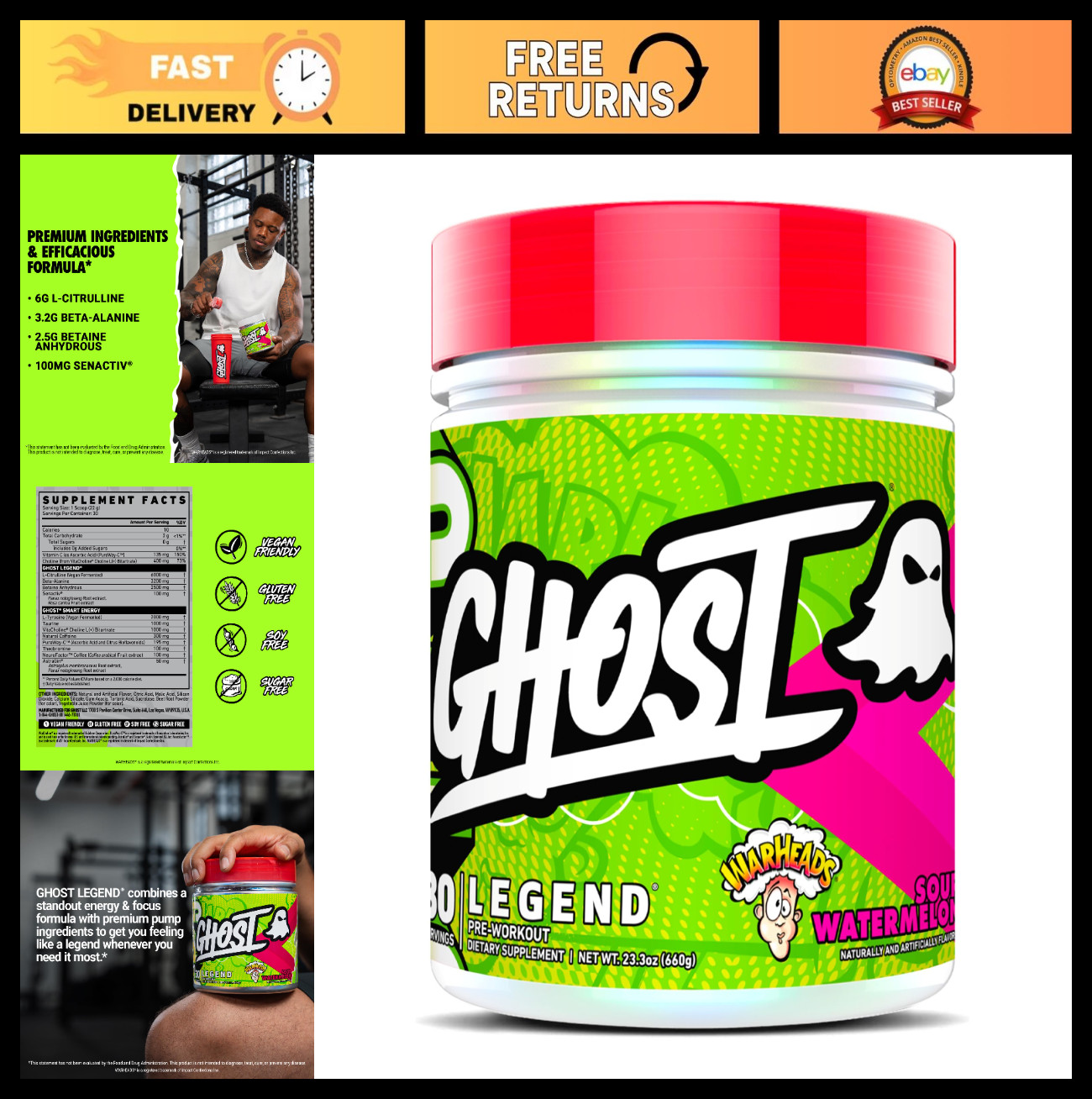 Pre-Workout Powder – Sour Watermelon Flavor, 30 Servings, 300mg Caffeine, Energy