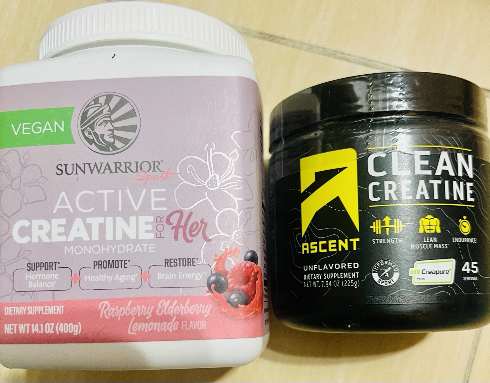 2 PACK Ascent Clean Creatine Creapure & Sunwarrior For Her Rasberry Monohydrate